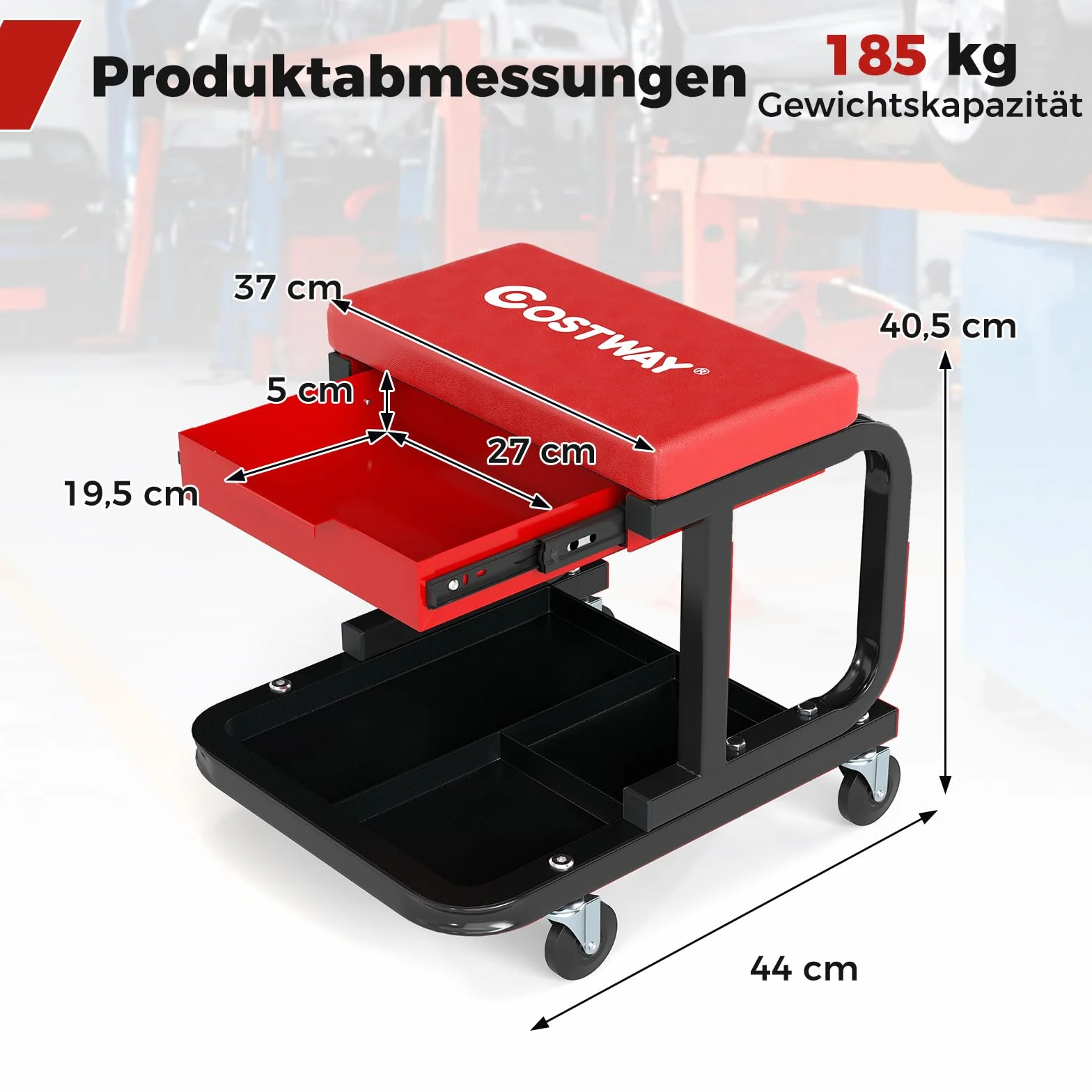GOPLUS Taboret warsztatowy na kółkach, krzesło warsztatowe, obciążenie do 185 kg, taboret warsztatowy z kółkami 360°, wysuwana szuflada i półka na narzędzia, taboret roboczy do garażu (czerwony)