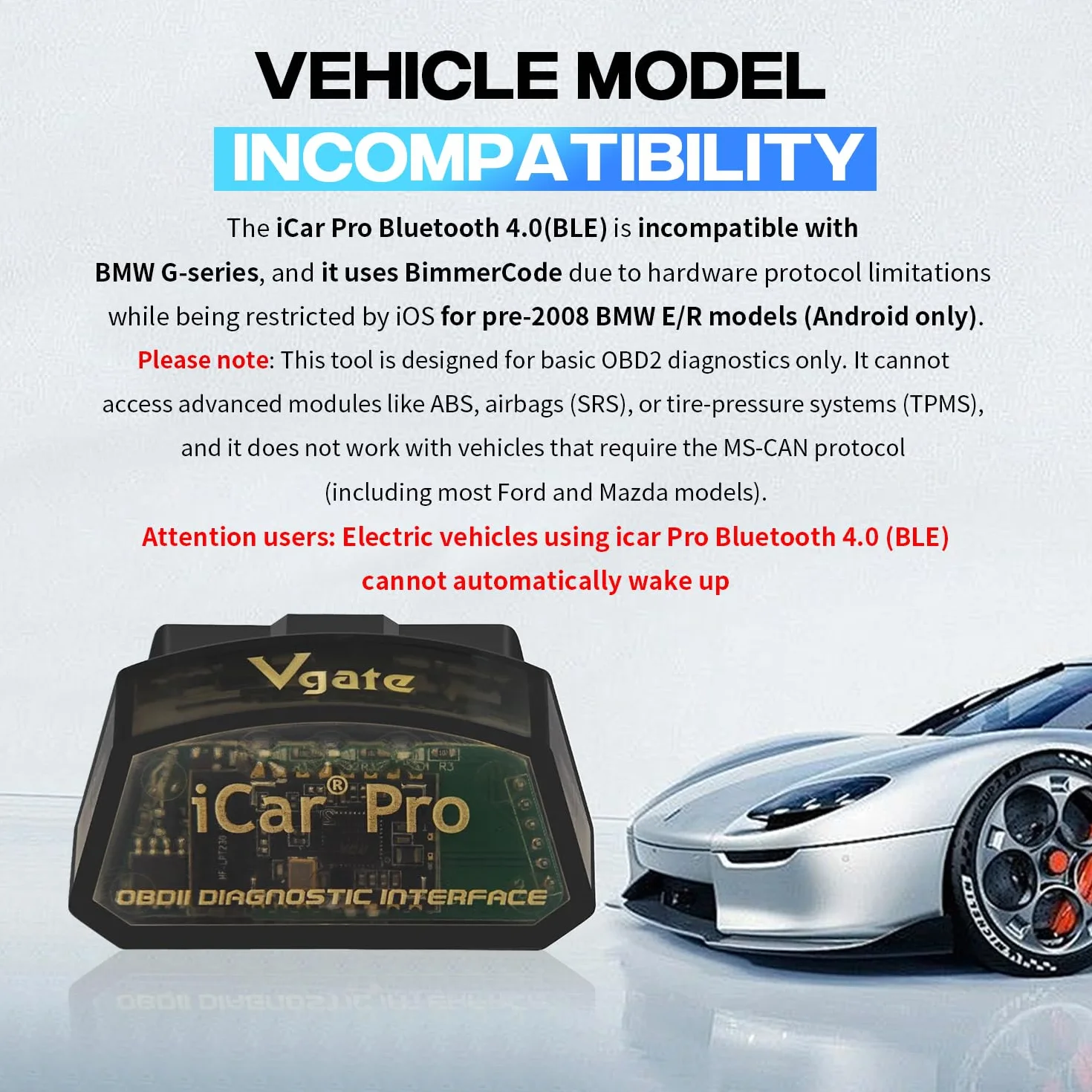 Vgate iCar Pro BLE 4.0 Narzędzie diagnostyczne OBD2 Czytnik kodów usterek OBDII Kompatybilny adapter samochodowy Check Engine Light dla iOS, Android i Windows