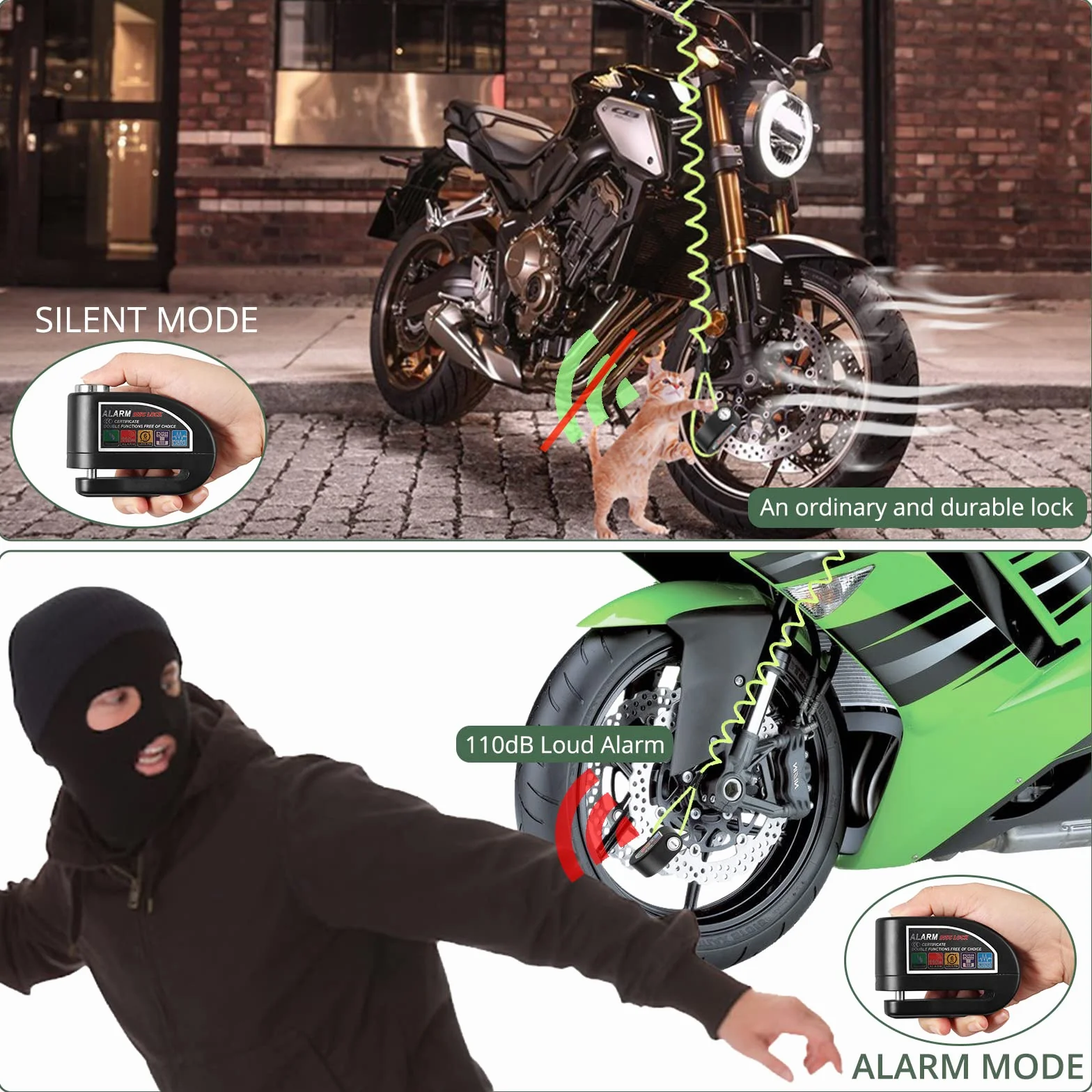 EYPINS Blokada motocyklowa, antykradzieżowa, zestaw blokady radiowej i 7 mm x 1 m zamek łańcuchowy, alarm dźwiękowy 110dB, wodoodporny, do motocykla, roweru, skutera