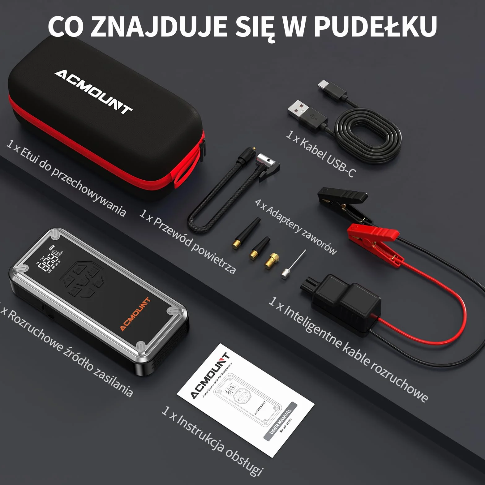 ACMOUNT Booster rozrusznik samochodowy 7000 A, 23800 mAh 150 PSI rozrusznik akumulatora samochodowego ze sprężarką, przenośny start akumulatora 12 V do szybkiego ładowania 18 W, LED i LCD do benzyny