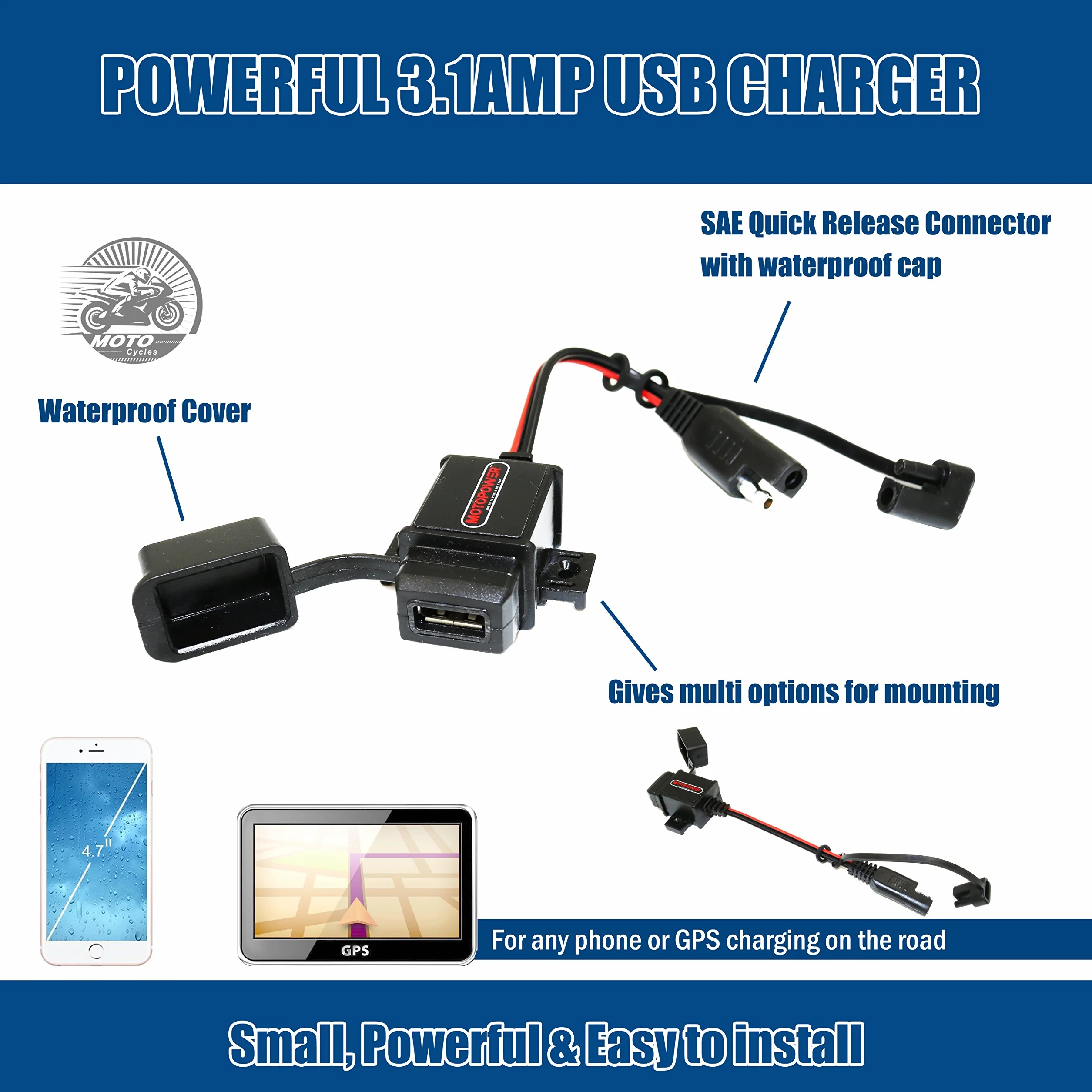 MOTOPOWER Zestaw ładowarki USB 3,1 A z nasadkami złącza SAE do ładowania GPS na motocyklu