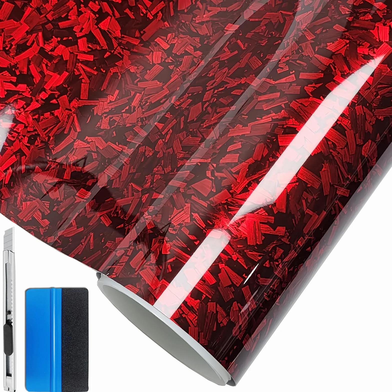 NewL Folia winylowa samoprzylepna, kuta włókna węglowego, bez pęcherzyków powietrza, z odpowietrzaniem, naklejka DIY, do samochodu, pojazdu, motocykla, samoprzylepna, kolor: czerwony, 30 x 300 cm