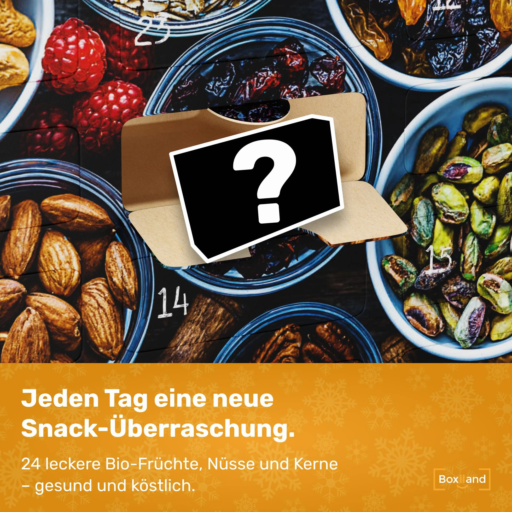 BOXILAND® Owoce, Orzechy, Nasiona – Kalendarz Adwentowy 2025 [24 Zdrowe Przekąski] – Vegan & Bio Przekąski, Zdrowe Owoce Suszone