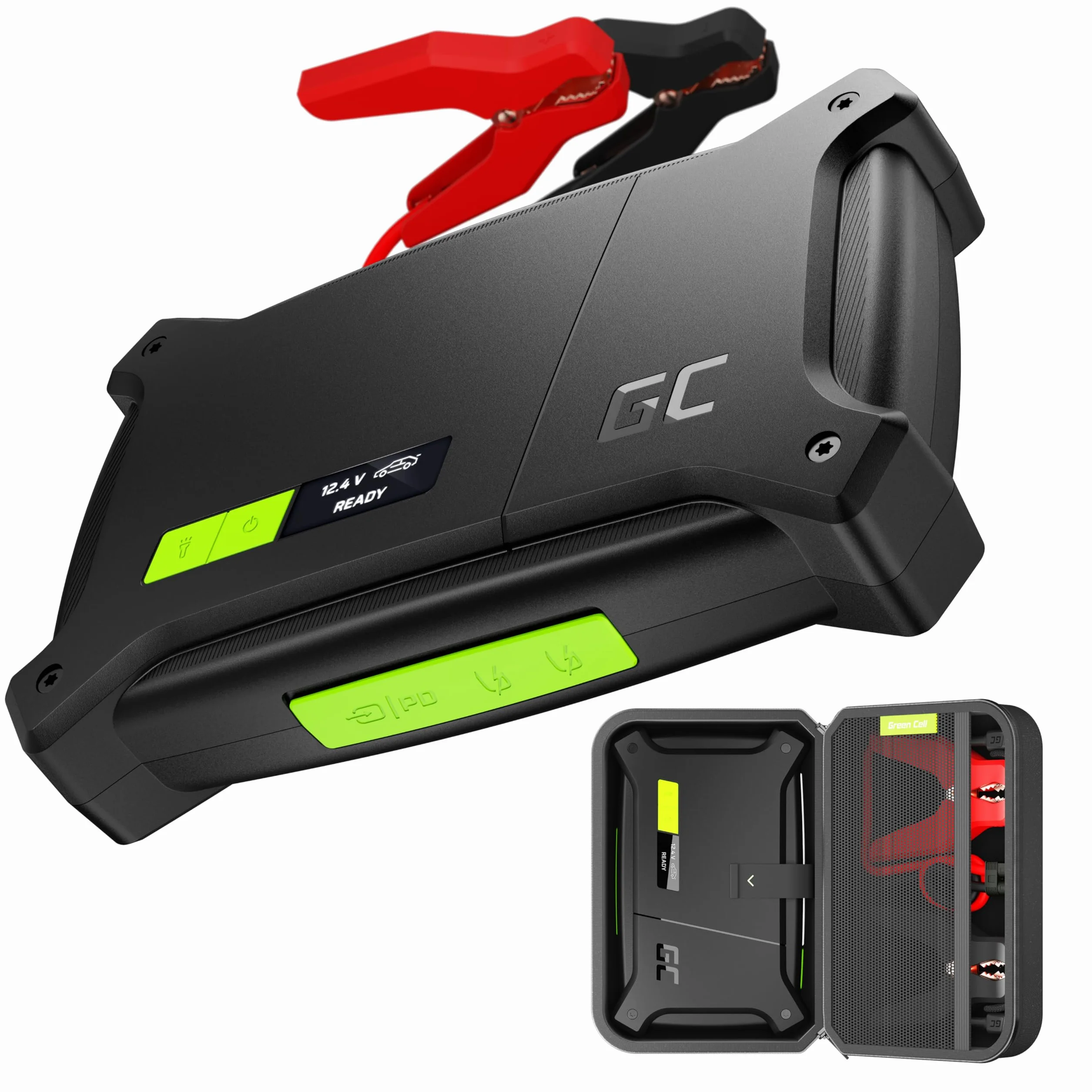 Green Cell® Jump Starter GC PowerBoost | 16000mAh 2000A | dla 8L silników benzynowych i 6L Dieseli | Przenośne urządzenie rozruchowe | Booster | Prostownik do akumulatora | Kable rozruchowe | IP64 LED