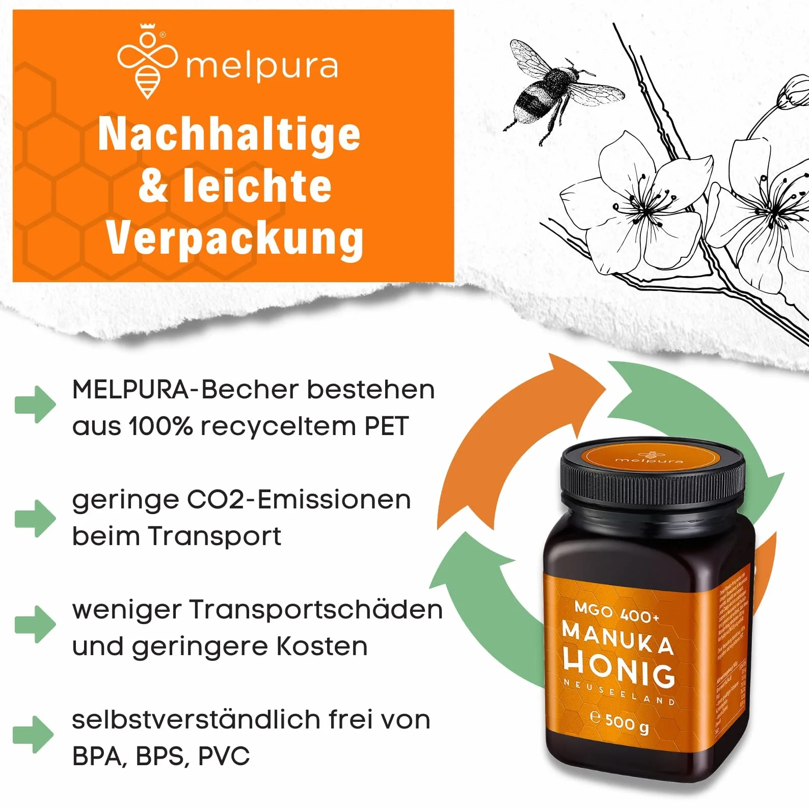 MELPURA Miód Manuka, MGO 400 + 500 g, z Nowej Zelandii z certyfikowaną, naturalną zawartością glizyksu metylowego – testowany laboratoryjnie, zweryfikowane pochodzenie, uczciwy handel bezpośrednio od producenta