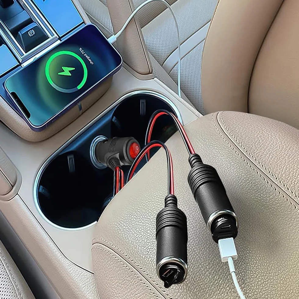 GTIWUNG 12/24 V Kabel przedłużający do zapalniczki z przełącznikiem, rozdzielacz zapalniczki samochodowej 2-drożny męski na żeński, adapter do zapalniczki ze wskaźnikiem LED, podwójny kabel do