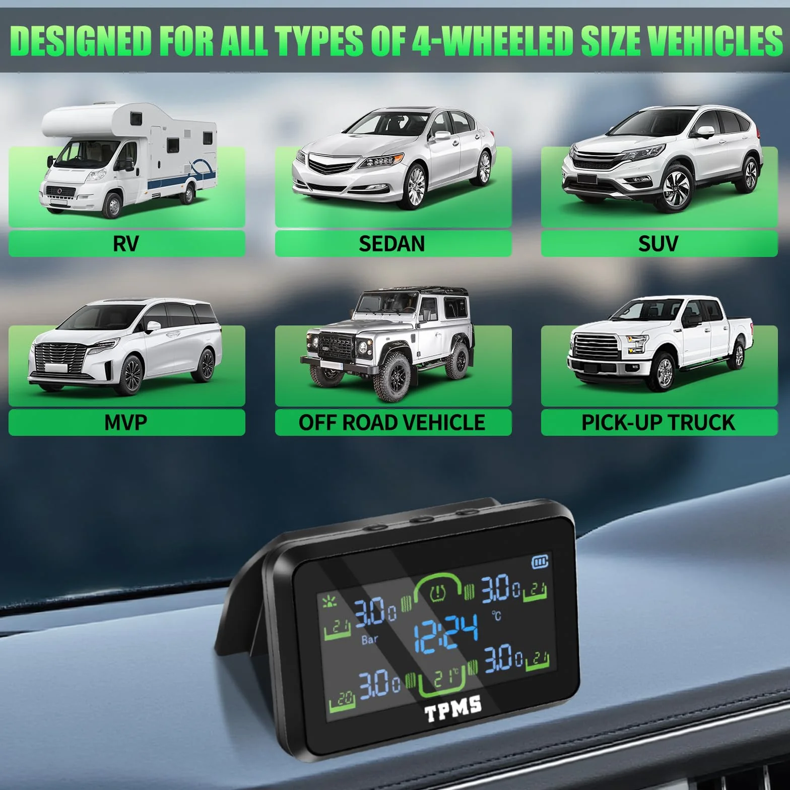 TPMS system kontroli ciśnienia w oponach, ze zdejmowanym uchwytem, ładowanie solarne/USB, 5 systemów alarmowych, 4 zewnętrzne czujniki ciśnienia w oponach, do samochodów ciężarowych, przyczep