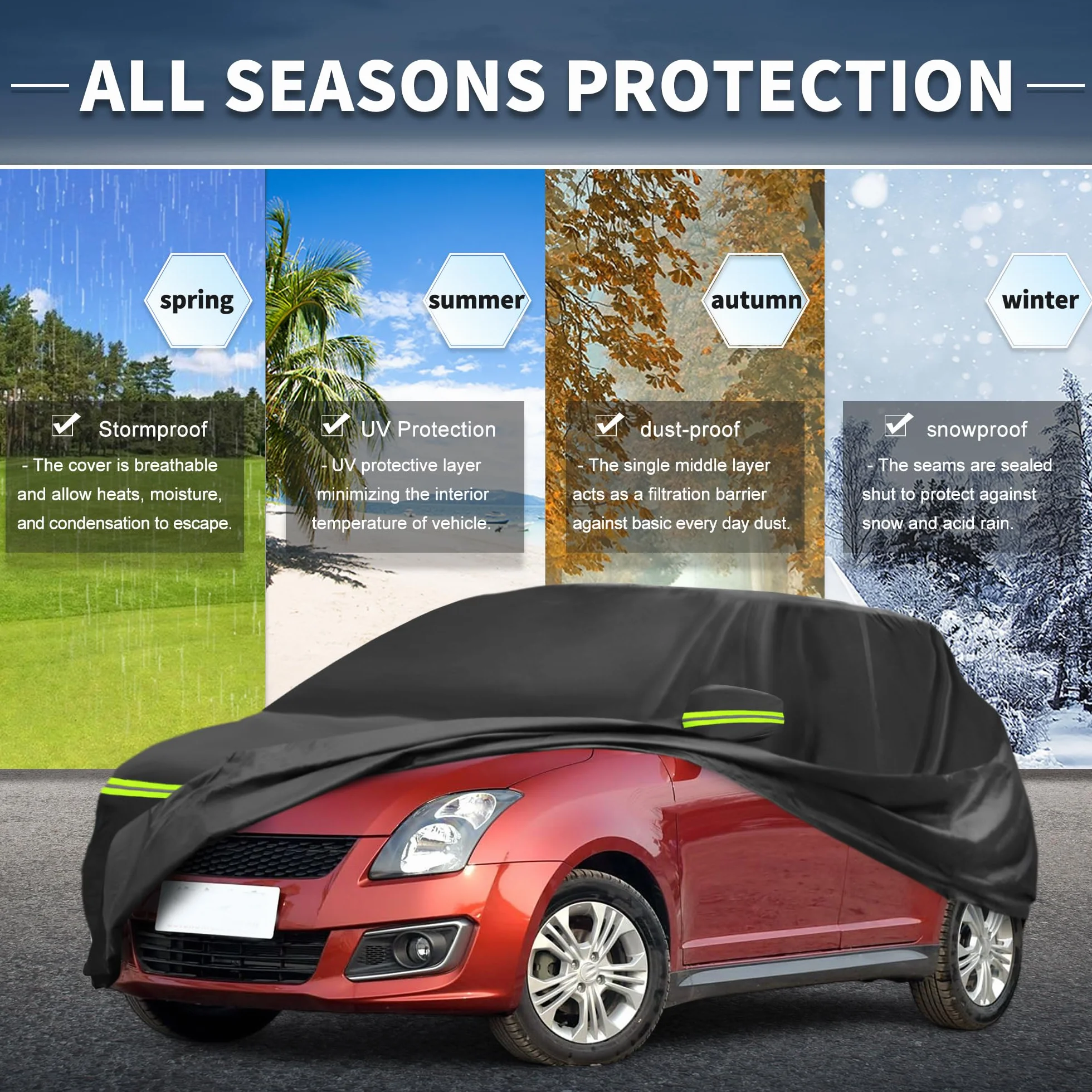 A ABSOPRO Pokrowiec samochodowy do Suzuki Swift IV/V 2011-2023, 210D-PU, do użytku na zewnątrz, pełna osłona na wszystkie warunki atmosferyczne, wodoszczelna, wiatroszczelna, ochrona przed słońcem, z