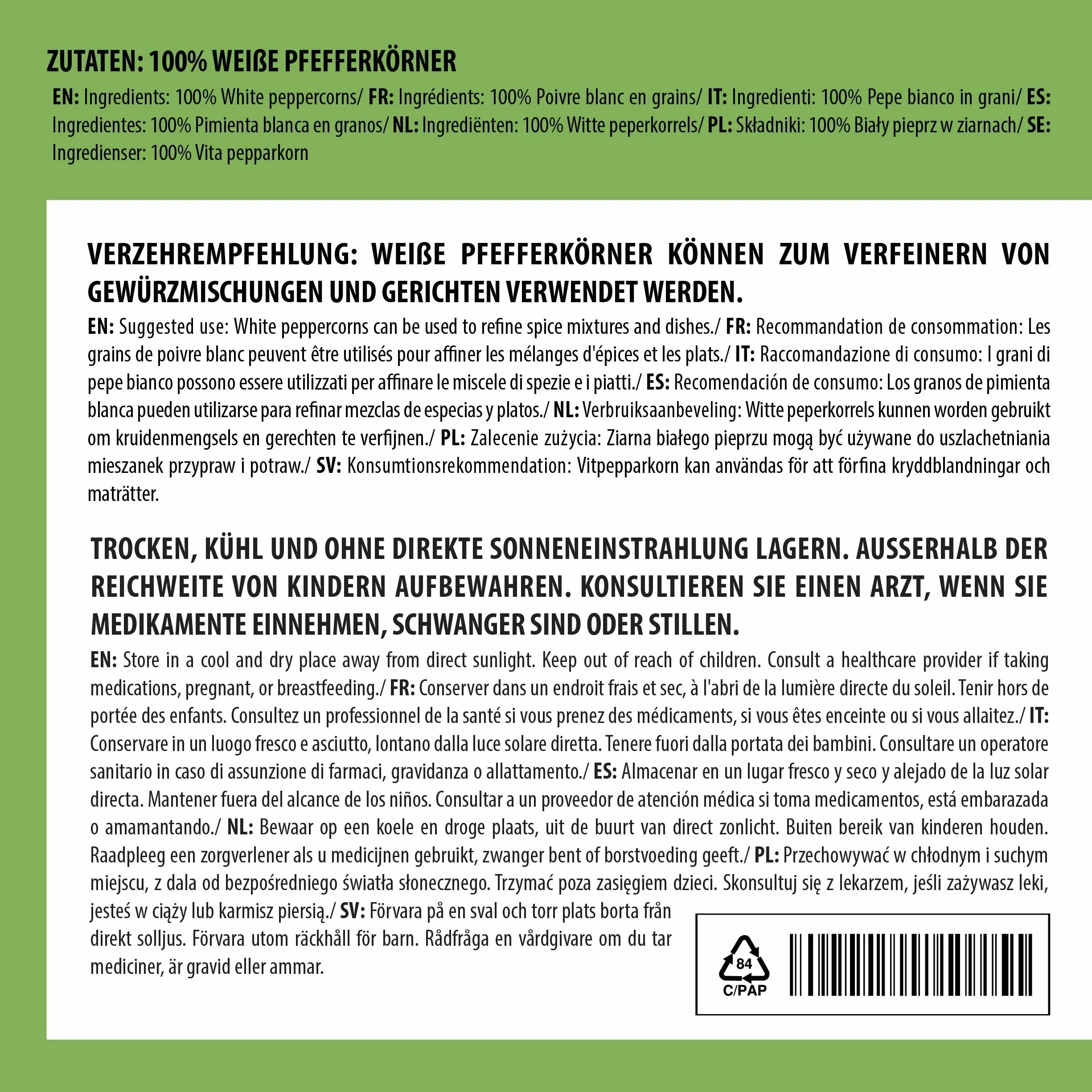 Pieprz biały (250 g), pieprz biały 100% naturalny, naturalny bez dodatków, wegański, biały pieprz