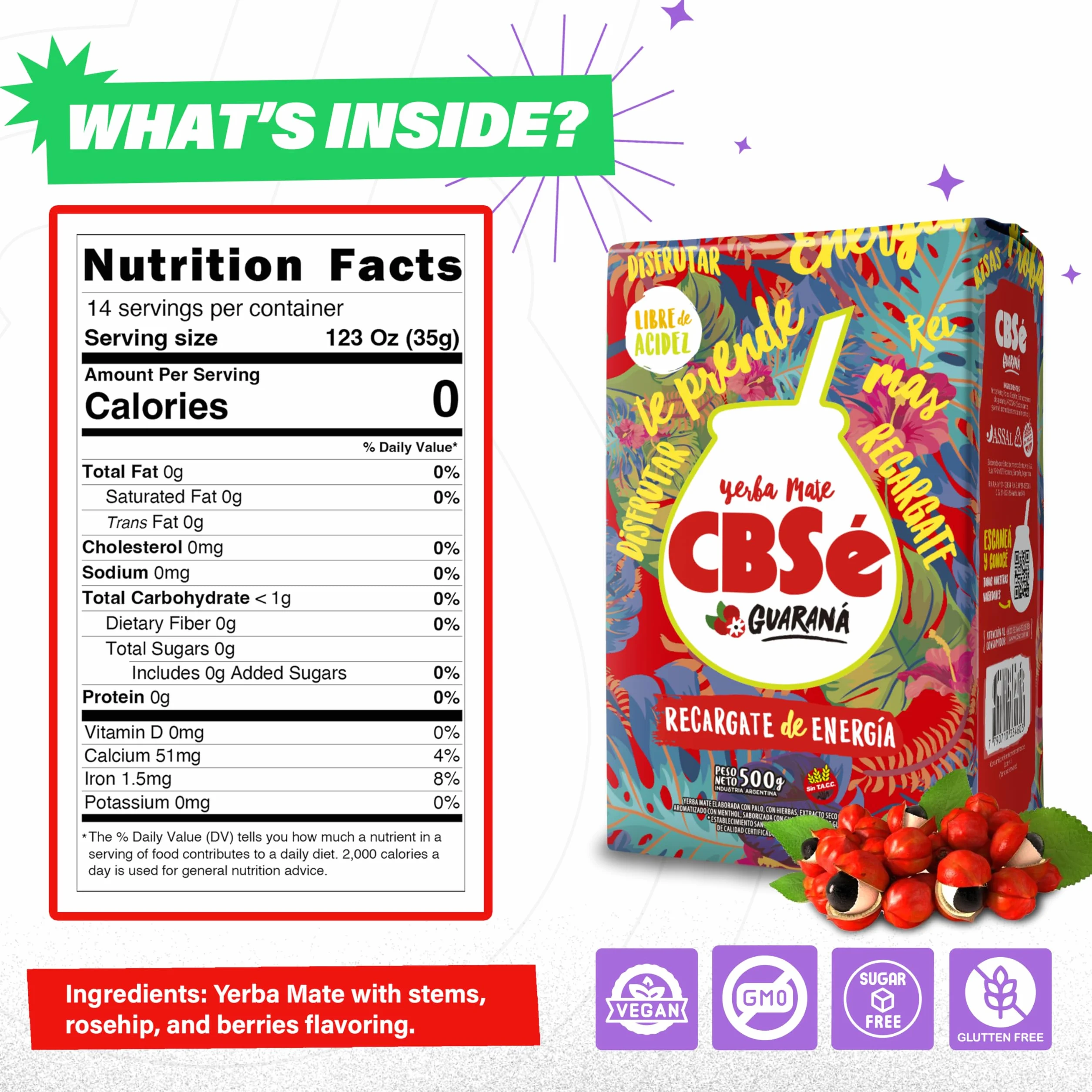 CBSÃ Herbata Mate - Energia - z Guaraná, 1 opakowanie (1 x 500 g)