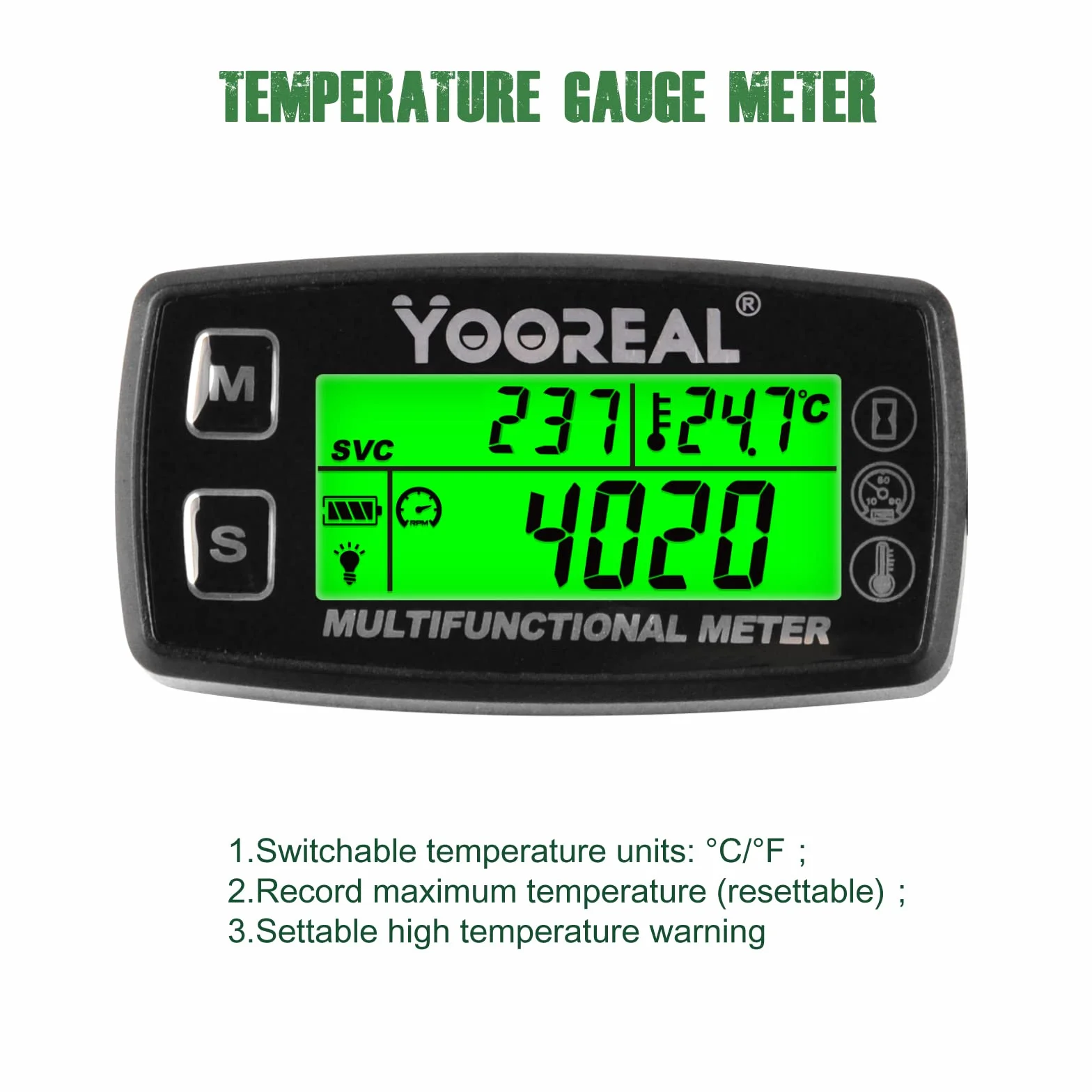 Yooreal Wskaźnik temperatury silnika, miernik temperatury, obrotomierz wyłączający użytkownika do skutera Skuter śnieżny Mini Bike Motocykl Kosiarka Generator Wywrotka