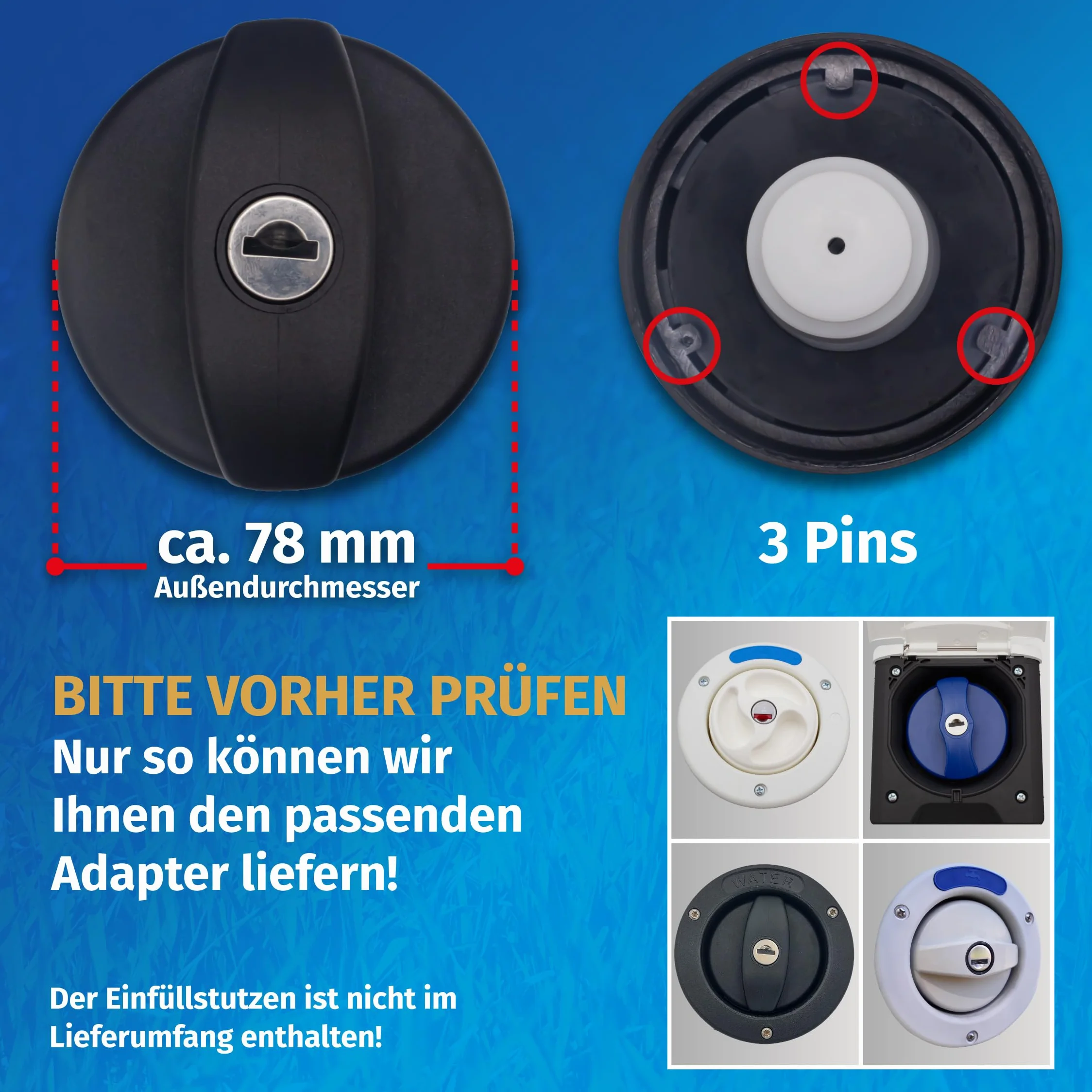 MaJoCompTec WATERTWIN adapter do napełniania wodą, adapter do zbiornika kompatybilny z przyłączem Gardena, akcesoria do pokrywy wlewu paliwa, do przyczep kempingowych, króćców napełniania (adapter 3