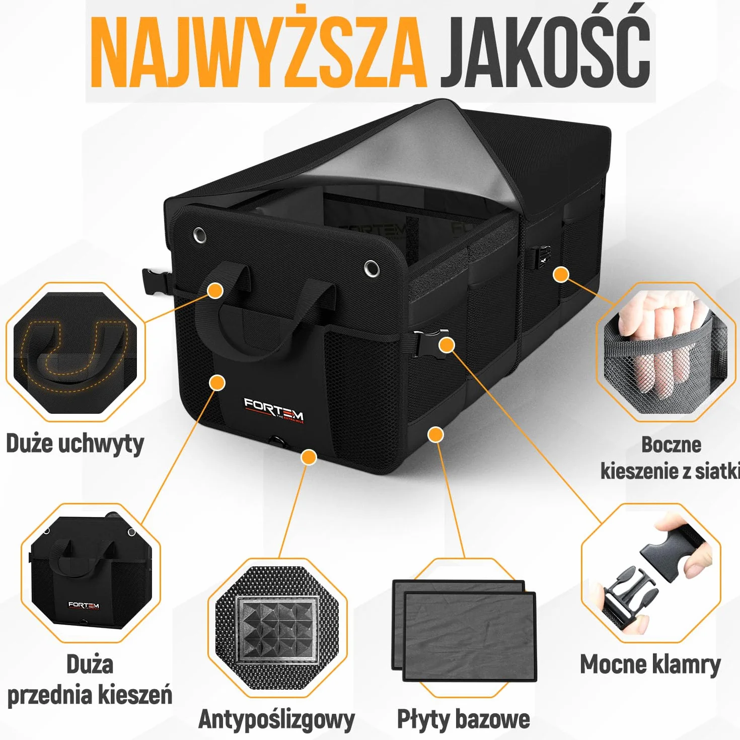 FORTEM Organizer Bagażnika Samochodowego SUV, Składany z Przegródkami, Antypoślizgowy Spód, Regulowane Pasy Mocujące, Składana Pokrywa, Praktyczne Przechowywanie Akcesoriów (65L)