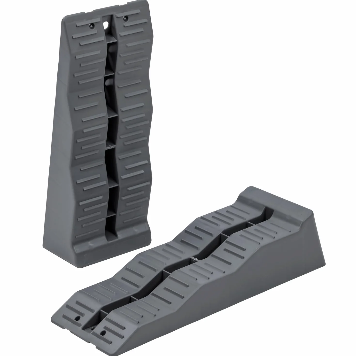 KATSU Tools 2 szt. rampy poziomujące do przyczep kempingowych, pojemność 5 ton, wytrzymałe, 3-stopniowe, plastikowe, kampery, kampery, rampy krawężnikowe, bloki kół, niwelatory, szare, 570 x 200 x 130