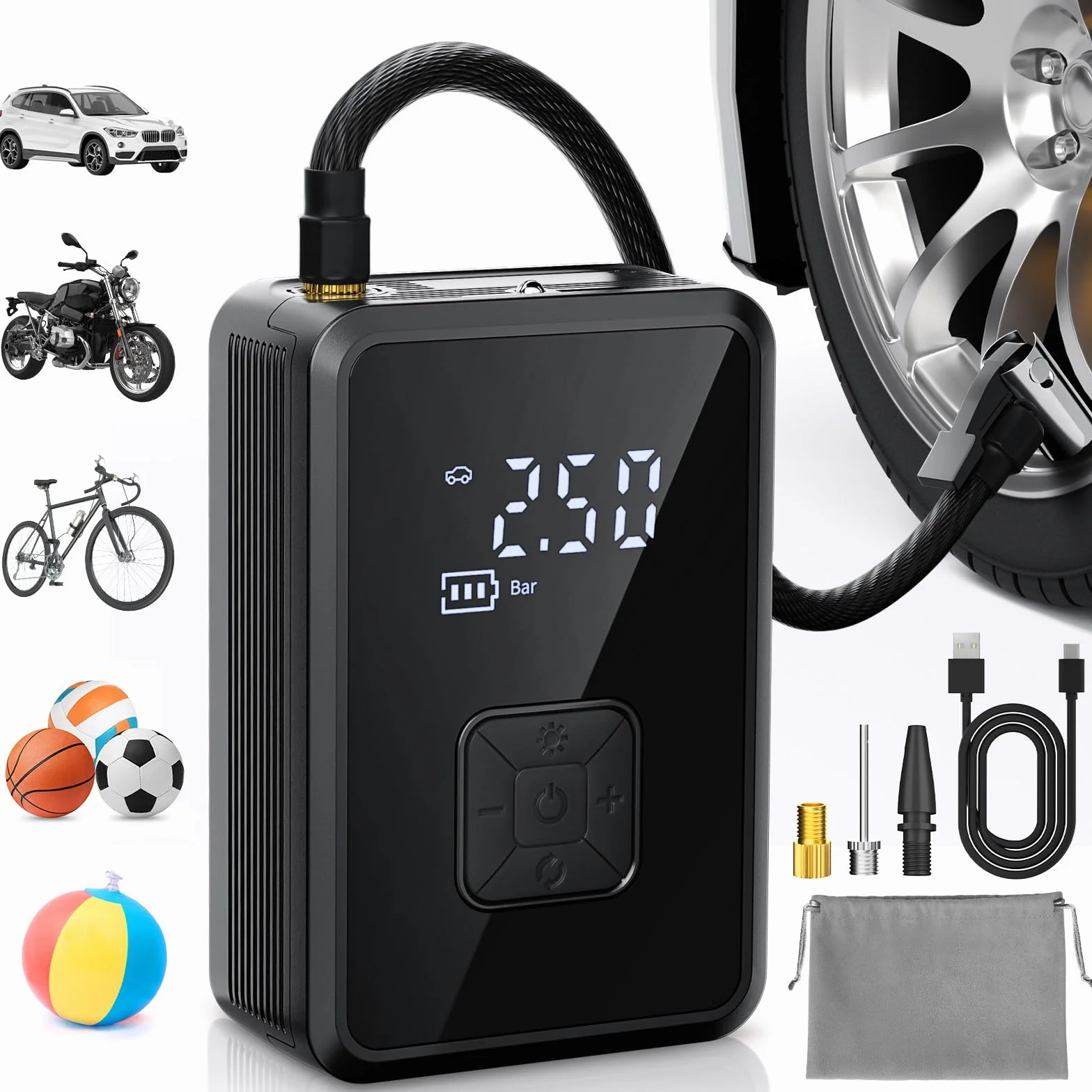Oasser Bezprzewodowa Pompa Powietrza 150 PSI Przenośna Sprężarka Powietrza opon z Akumulatorem Zawór Presta i Schrader Elektryczna Pompka do Samochodów Motocykli i Rowerów z Lampką LED
