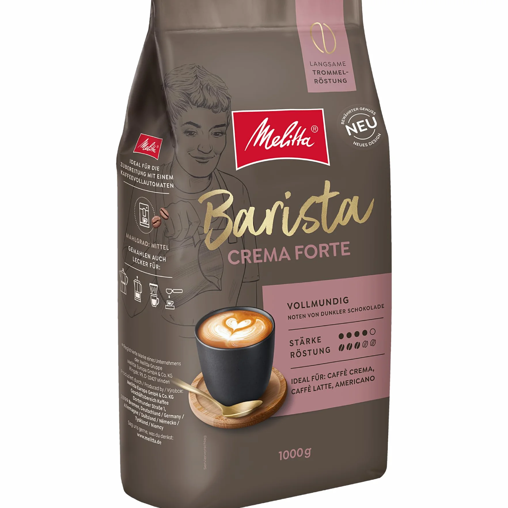 Melitta Barista Classic Crema Forte, ziarna kawy, 1 kg, niemielone, do w pełni automatycznych ekspresów do kawy, mocno palone, intensywność 4