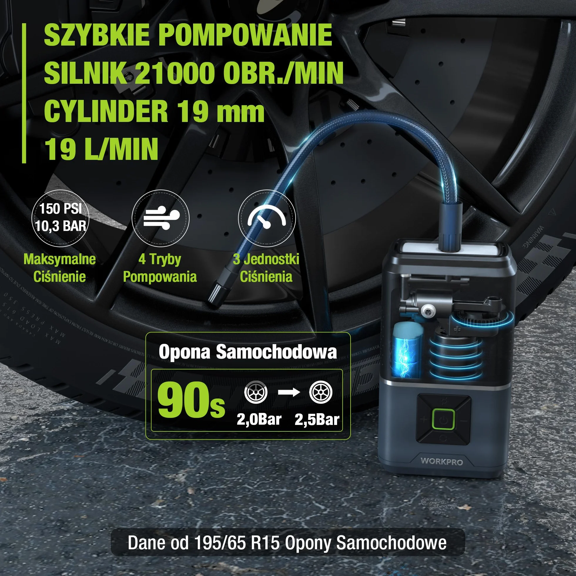 WORKPRO Bezprzewodowa sprężarka powietrza, 2500 mAh, 7,2 V, przenośna sprężarka powietrza z 4 trybami, 150 PSI, inteligentny cyfrowy wyświetlacz LED, SOS do samochodu, motocykla, piłki, rowerów