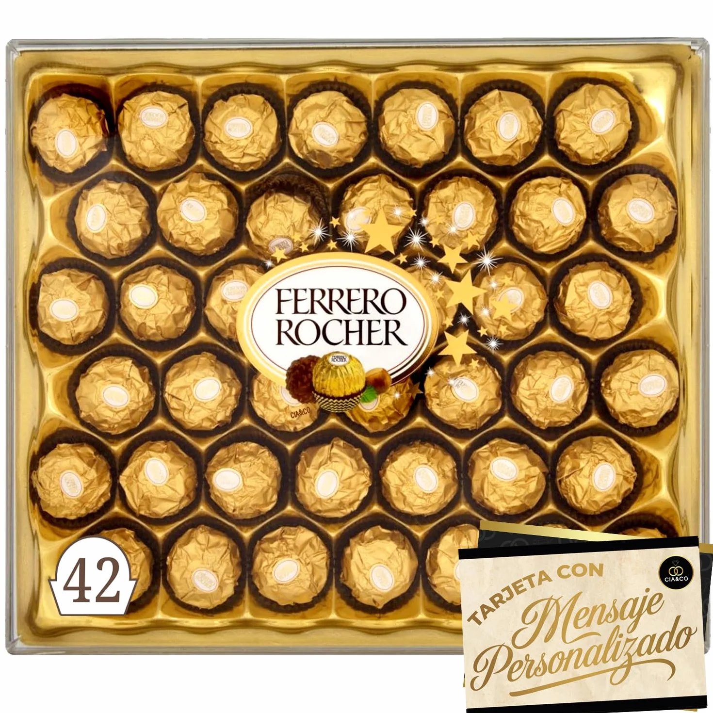 Zestaw 42 Pralin Ferrero Rocher 525 g + Personalizowana Kartka Cía&Co · Edycja Specjalna na Prezent · Praliny z Czekoladą i Orzechem Laskowym · Upominek Premium na Boże Narodzenie