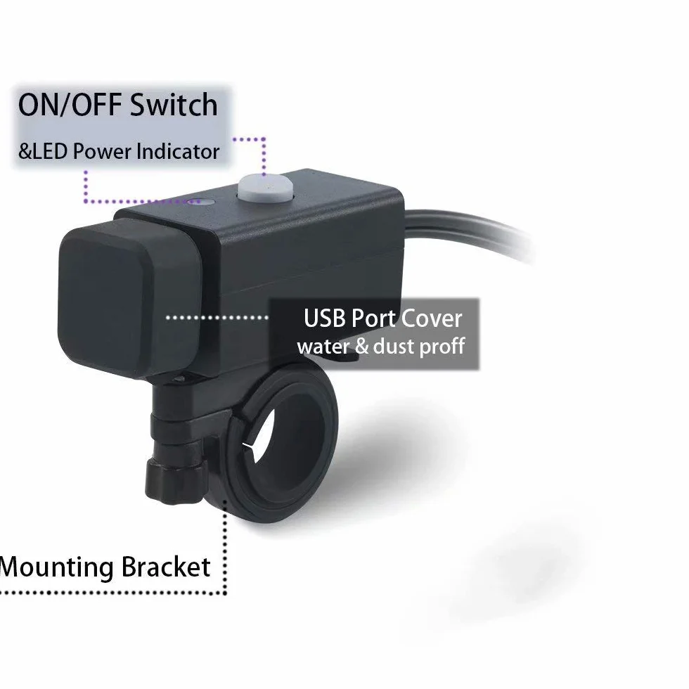 iMESTOU motocyklowa ładowarka USB, 5 V, 2,1 A, wodoszczelna, z podwójnym USB i przełącznikiem, zabezpieczona praca z pojazdami 12 V/24 V
