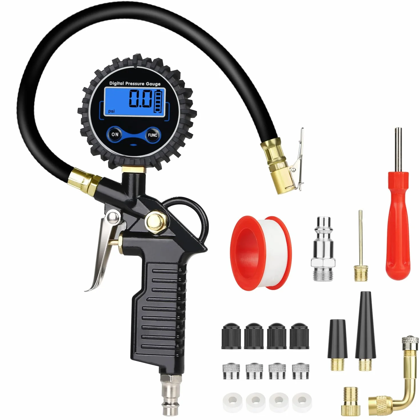 Cyfrowy miernik ciśnienia w oponach URAQT, manometr do opon 220 PSI z wyświetlaczem LCD, pompka do opon o dużej wytrzymałości, narzędzie pneumatyczne z wężem gumowym i szybkozłączem, uchwyt powietrza