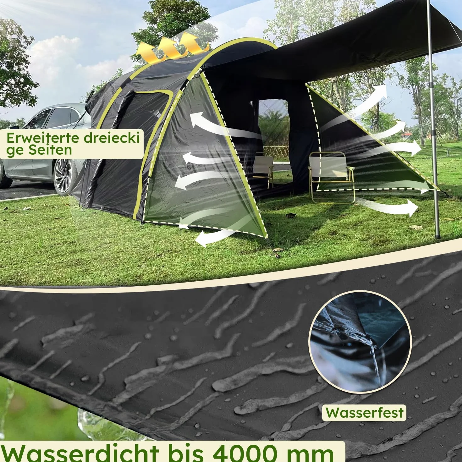 Namiot tylny do samochodu dla 6 osób, duży namiot tylny SUV z wodoodporną osłoną, 300 x 300 x 220 cm, namiot na tylną klapę samochodu kombi z wodoodpornym dachem 3000 mm słupa wody.