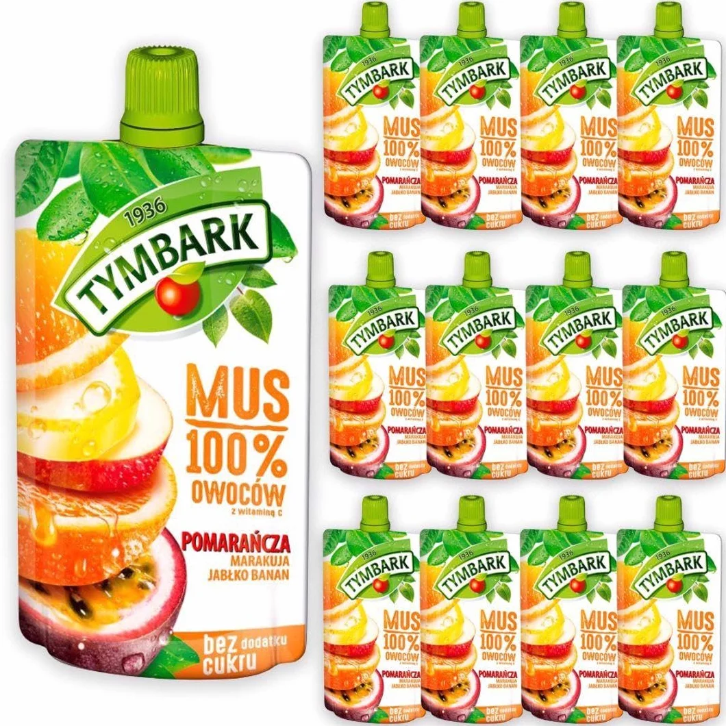 Tymbark Mus Owocowy 100%, Pomarańcza-Marakuja-Jabłko-Banan, Bez Dodatku Cukru, Bezglutenowy, Z Witaminą C, 12 x 120g
