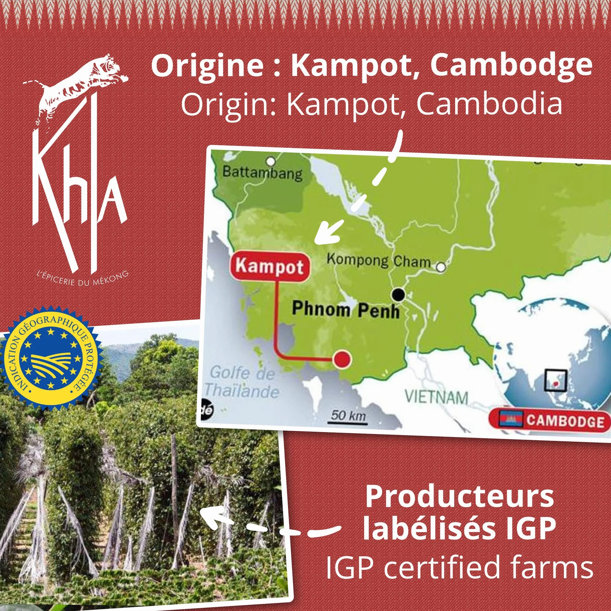 KHLA - Czerwony pieprz kampot Premium GGA - 100 g - ziarna pieprzu w woreczku - z uprawy ekologicznej - tradycyjne opakowanie w liściach palmowych