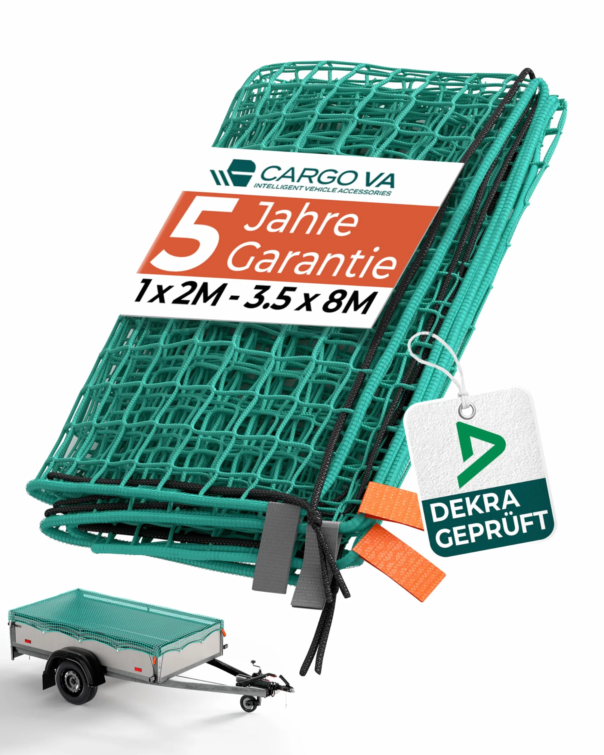 CargoVA siatka na przyczepę 1,5 x 2,5 m [sprawdzona przez DEKRA] – siatka zabezpieczająca ładunek z gumową linką i oznaczeniem narożników – siatka maskująca do przyczep, odporna na rozerwanie