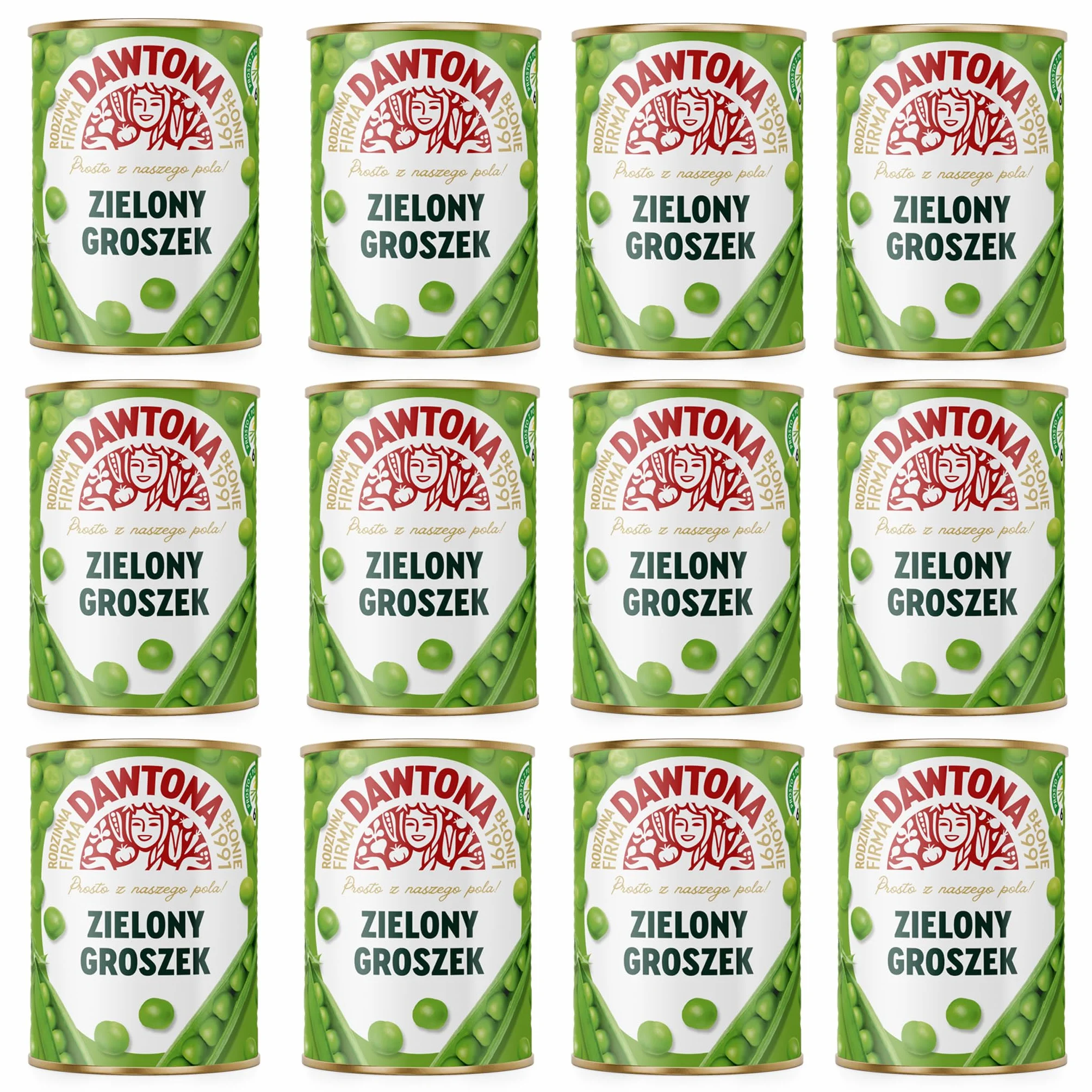 DAWTONA Groszek zielony konserwowy 12 x 400g - Bez konserwantów i sztucznych dodatków - Gotowa do spożycia - Idealny do zup, dodatków i dań jednogarnkowych