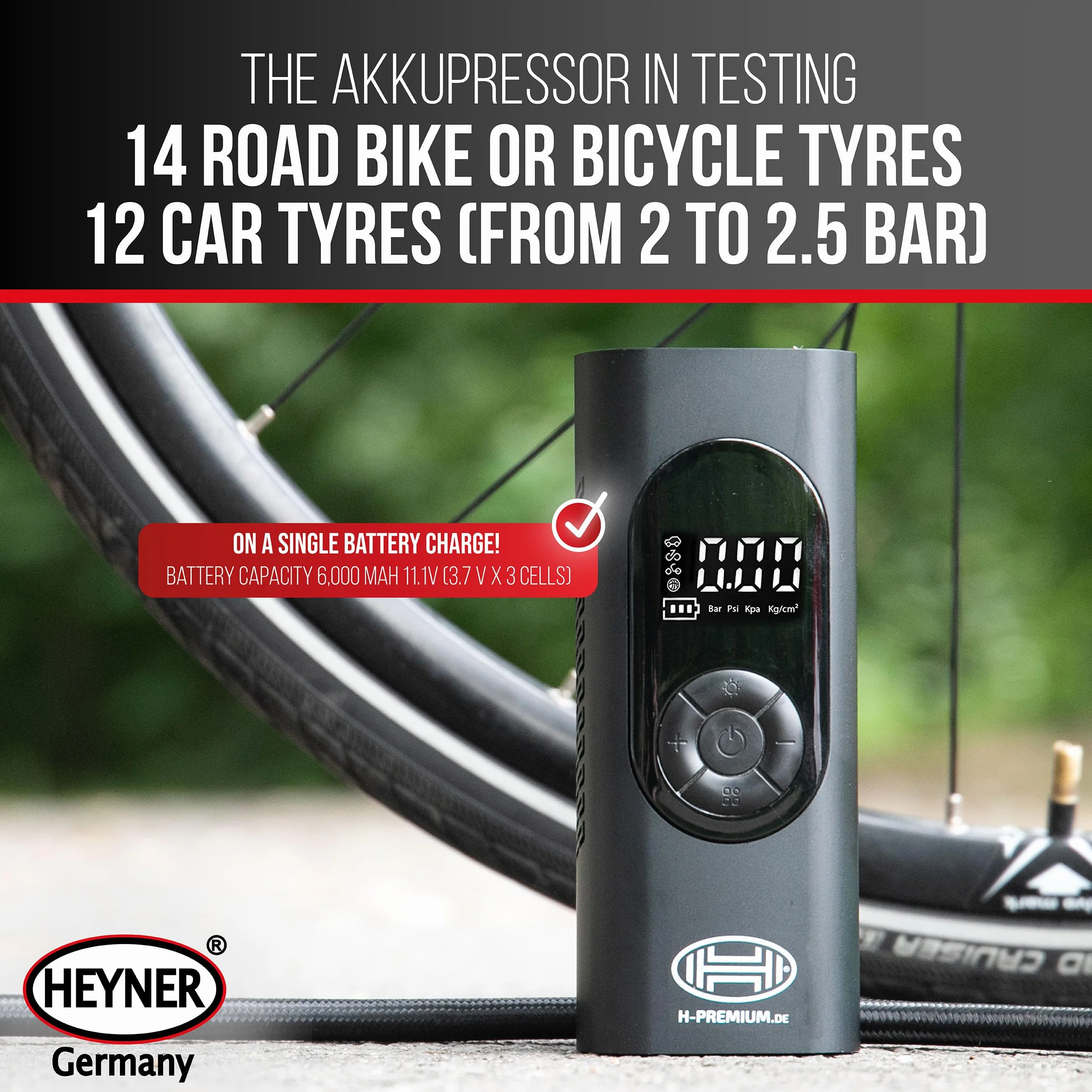 HEYNER® Kompresor z akumulatorem cyfrowym 6000 mAh, sprężarka powietrza 10 bar z funkcją automatycznego zatrzymania, wyświetlaczem LCD, oświetleniem LED, sygnałem SOS i powerbankiem, do samochodu,