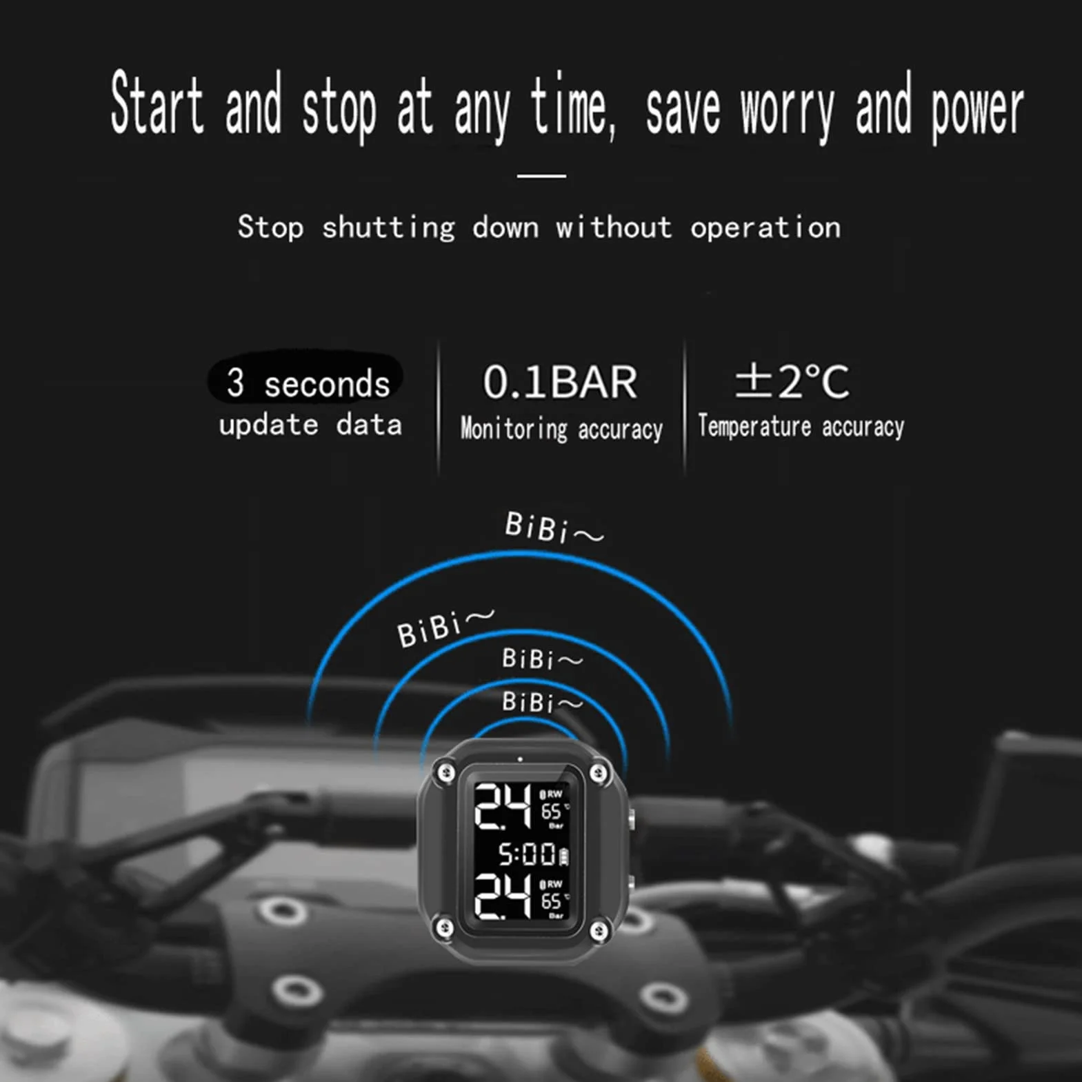 Shkalacar Manometr pneumatyczny TPMS do motocykli, bezprzewodowy miernik ciśnienia ładowania USB z 2 czujnikami zewnętrznymi cyfrowy wyświetlacz LCD do motocykla dwukołowego