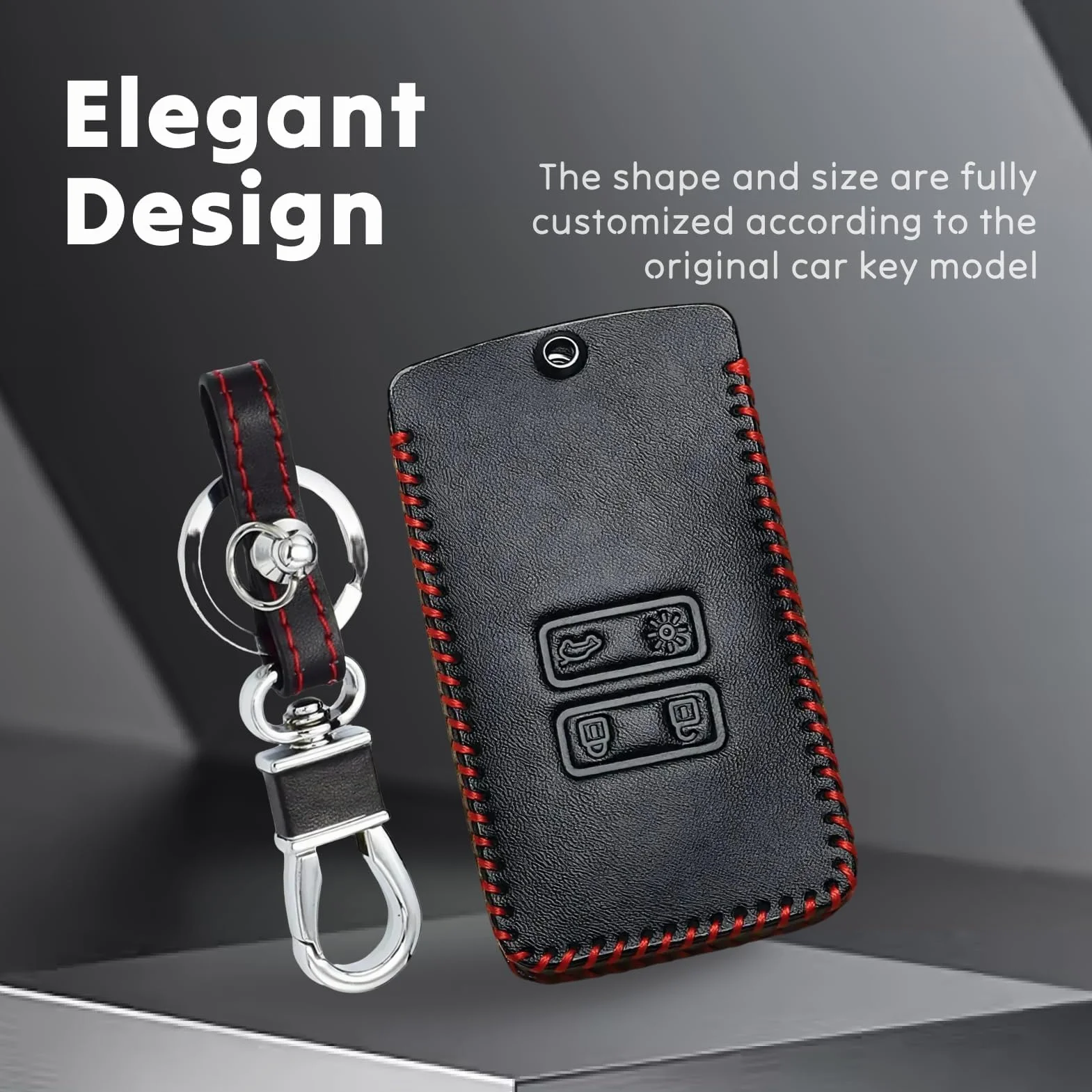 Skórzane etui ochronne na kluczyki samochodowe, kompatybilne z Renault Captur, Koleos, Kadjar, Arkana, Megane, Dacia RicarSandero - brelok ze stopu cynku, elegancki czarno-czerwony