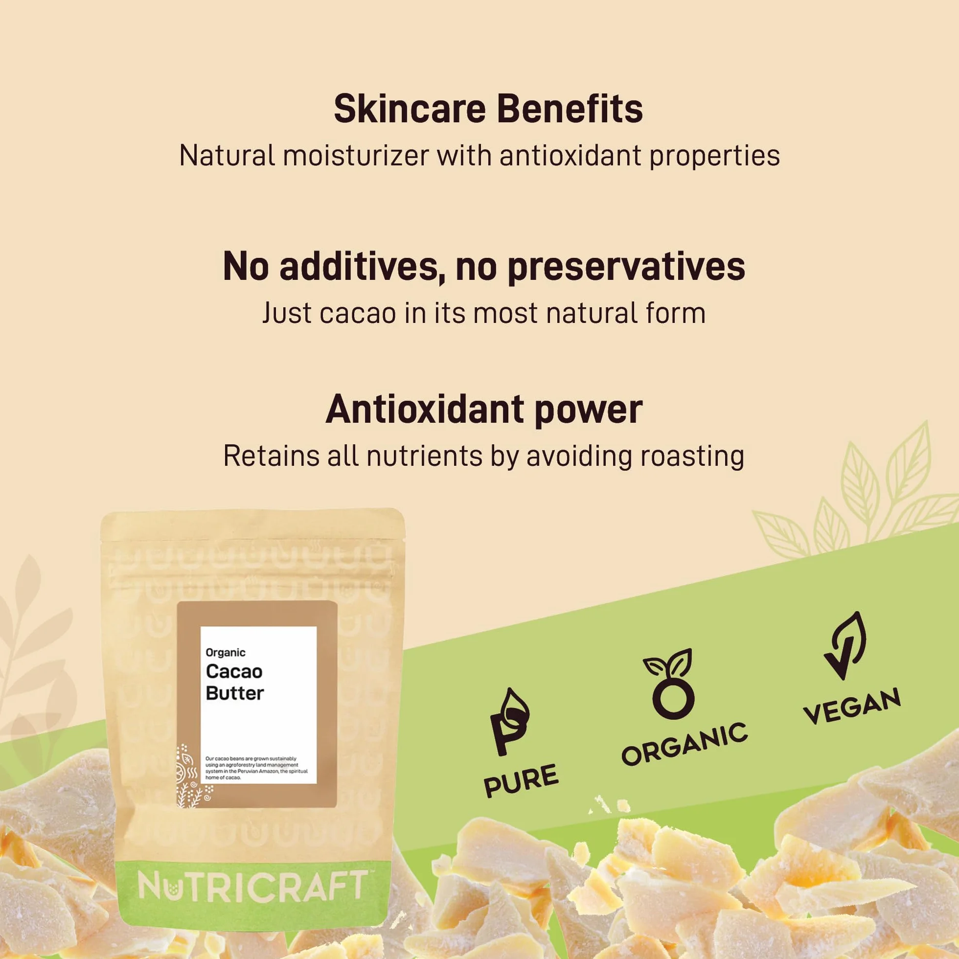Organiczne peruwiańskie masło kakaowe firmy NutriCraft: 250 g, 500 g, 1 kg i 5 kg