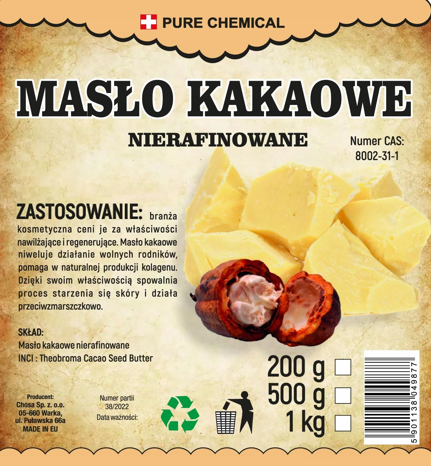 PURE CHEMICAL Masło Kakaowe Nierafinowane Naturalne Łupane (0,5kg)