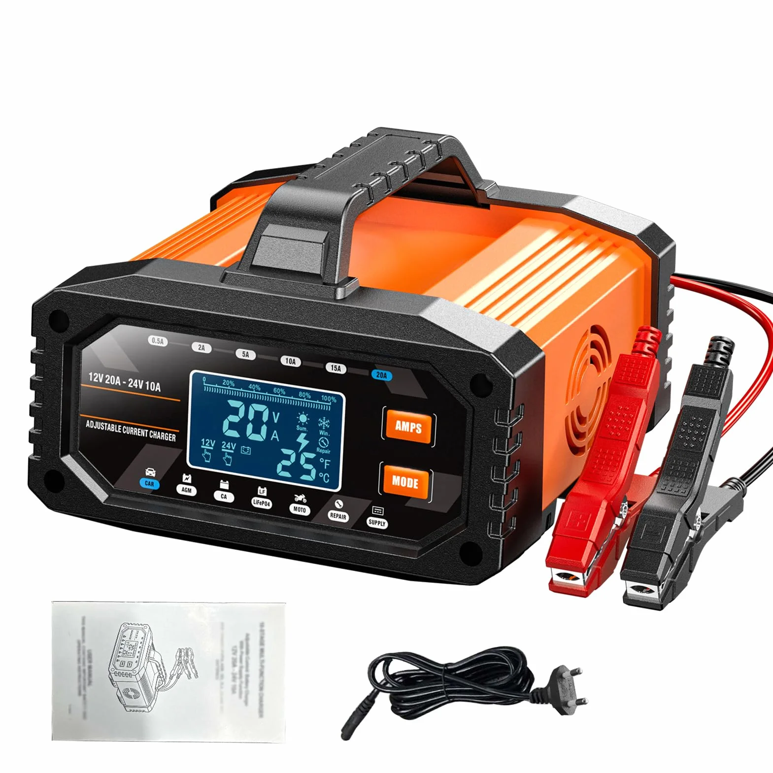 aqxreight Ładowarka Akumulatorów 12 V 20 A 24 V 10 A, Inteligentna ładowarka Podtrzymująca Automatyczny Konserwator Akumulatora z 16-godzinnym Trybem Naprawy i Ekranem LCD, do Sam (wtyczka UE)