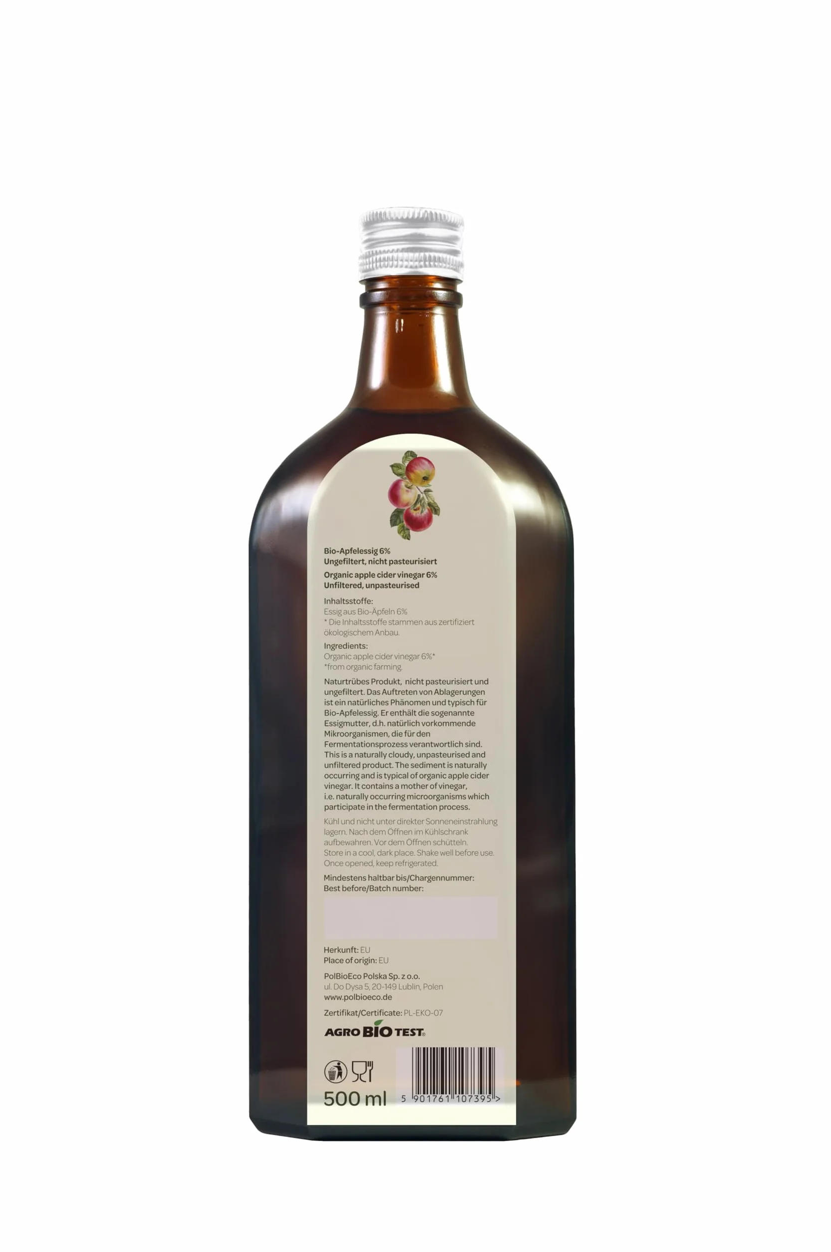 BIONATURO Organiczny ocet jabłkowy 6% 500ml - Ocet z ekologicznych Jabłek - Naturalnie mętny - Niefiltrowany, bogaty w składniki odżywcze - idealny do gotowania, diety i zdrowia - Ocet wegański