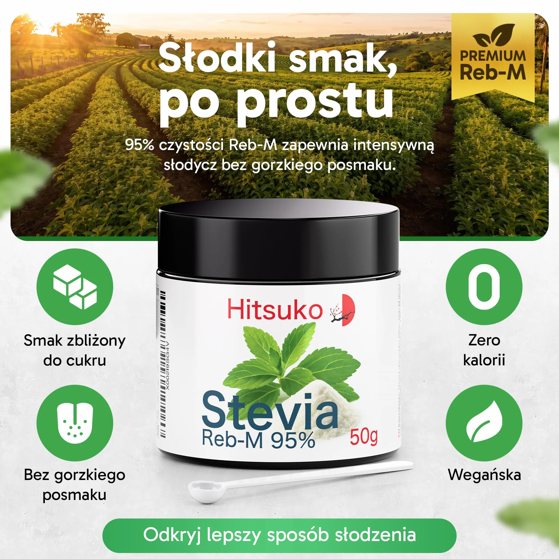 Premiumowy proszek ze stewii Reb-M 95 (50g) | Smak zbliżony do cukru | 470× większa słodycz