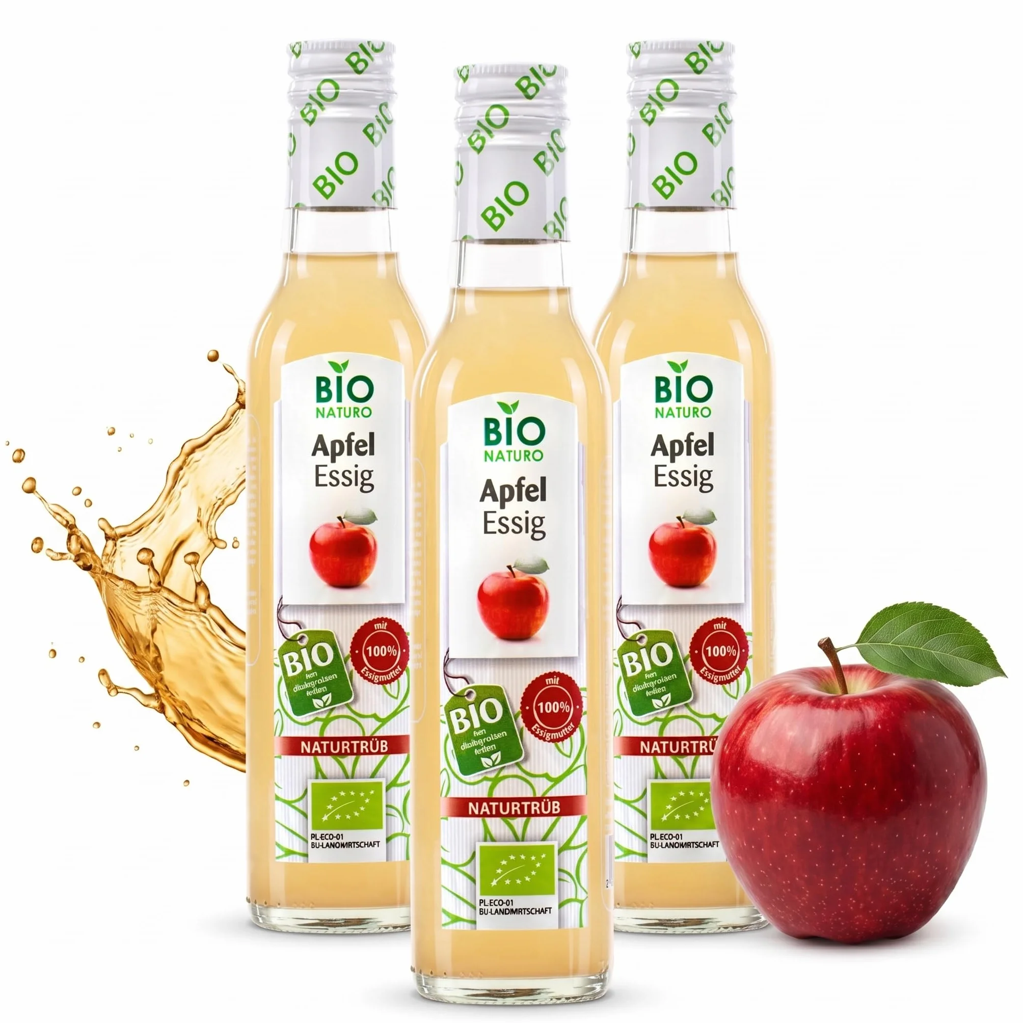 BioNaturo - Bio ocet jabłkowy, naturalny mętny 3 x 250 ml – niefiltrowany, z "matką octu", idealny do sałatek, sosów i korzyści zdrowotnych