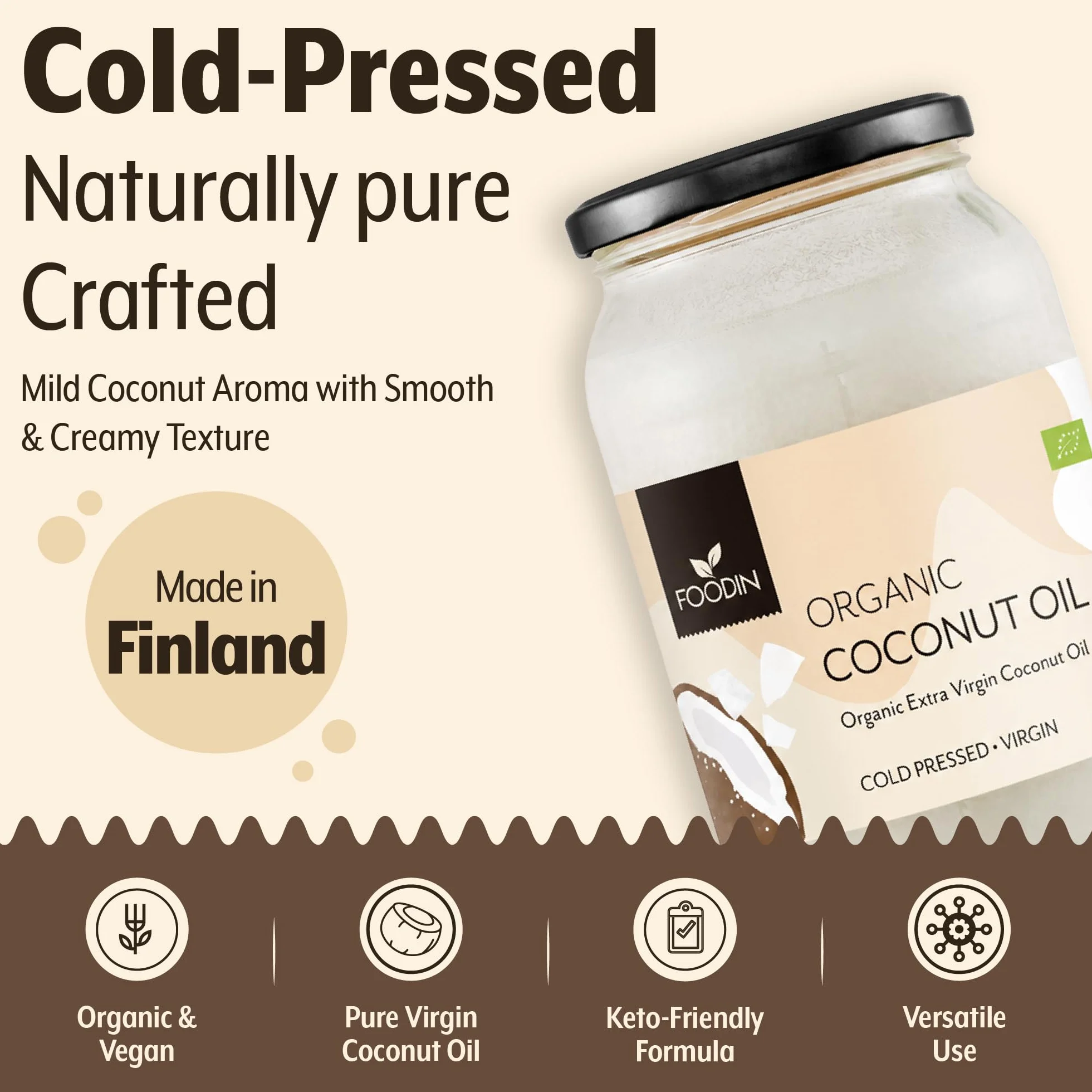 FOODIN Organiczny olej kokosowy, premium virgin i naturalny, tłoczony na zimno,organiczny olej kokosowy, najlepszy dla skóry i włosów, jakość surowej żywności - idealny do smażenia gotowania (1000ml)