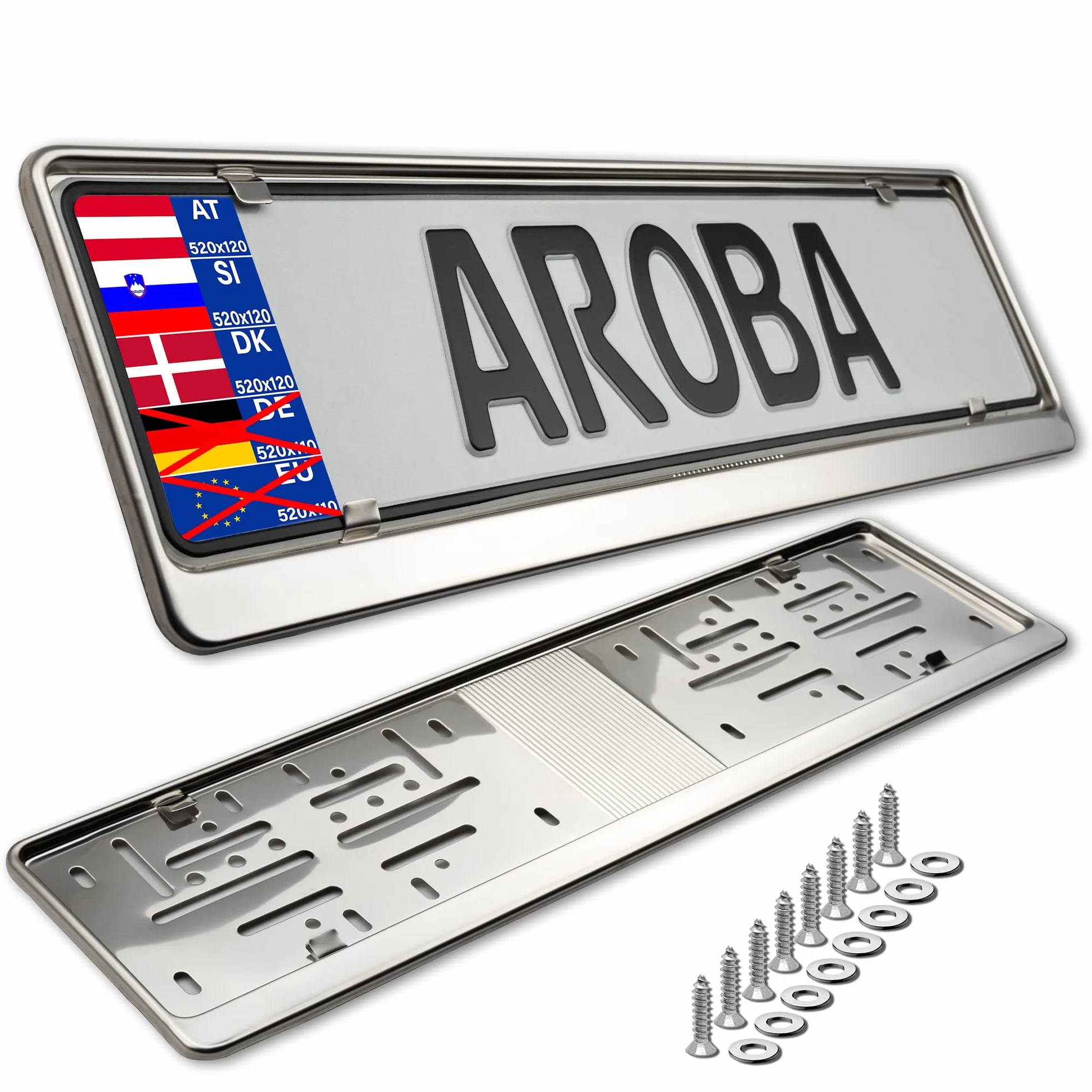 AROBA 2 x uchwyt tablicy rejestracyjnej premium, 100% polerowana stal nierdzewna, produkt przeznaczony na rynek austriacki i słoweński (wymiary 520 mm x 120 mm), ramka ze stali nierdzewnej INOX, V2A