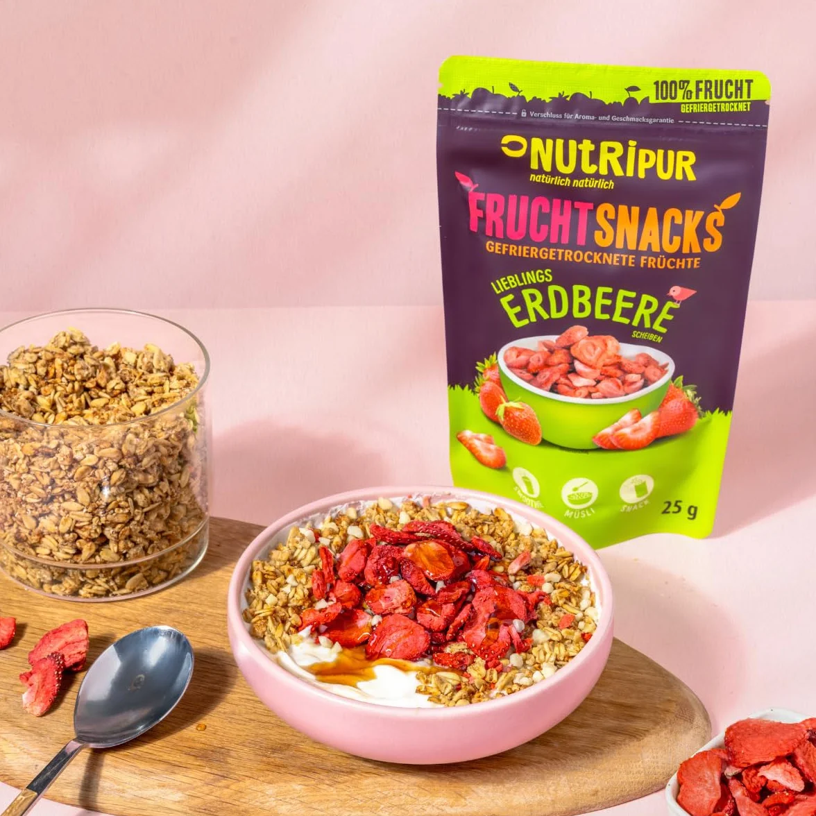Truskawki suszone w zamrażarce: 5 x 70 g Suszone truskawki w zestawie – mrożone truskawki bez dodatku cukru – suszone owoce firmy NutriPur