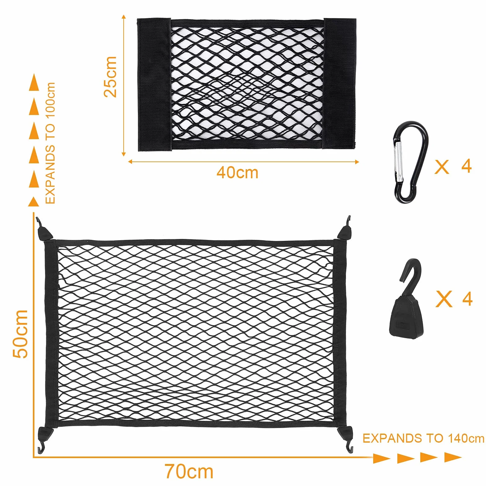 Siatka do bagażnika samochodowego, rozciąga się do 140x100 cm, siatka do bagażnika + 2 organizery siatkowe + 4 stalowe karabińczyki + 4 haki z ABS, elastyczna krawędź utrzymuje duże obciążenia
