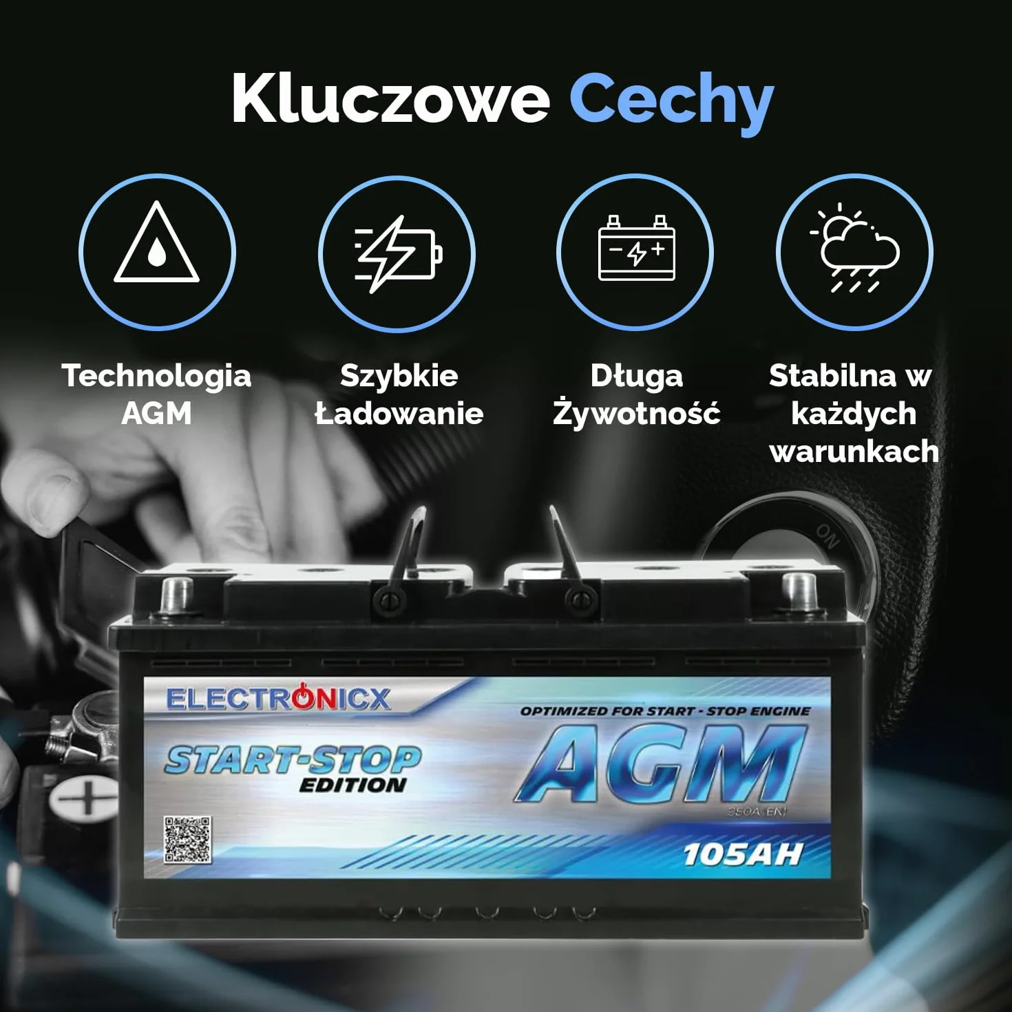 Electronicx AGM akumulator samochodowy 105Ah 12V – 950A EN akumulator rozruchowy, 105 Ah AGM, bezobsługowy, kompaktowy, wydajny – idealny do samochodów osobowych, SUV-ów i pojazdów użytkowych