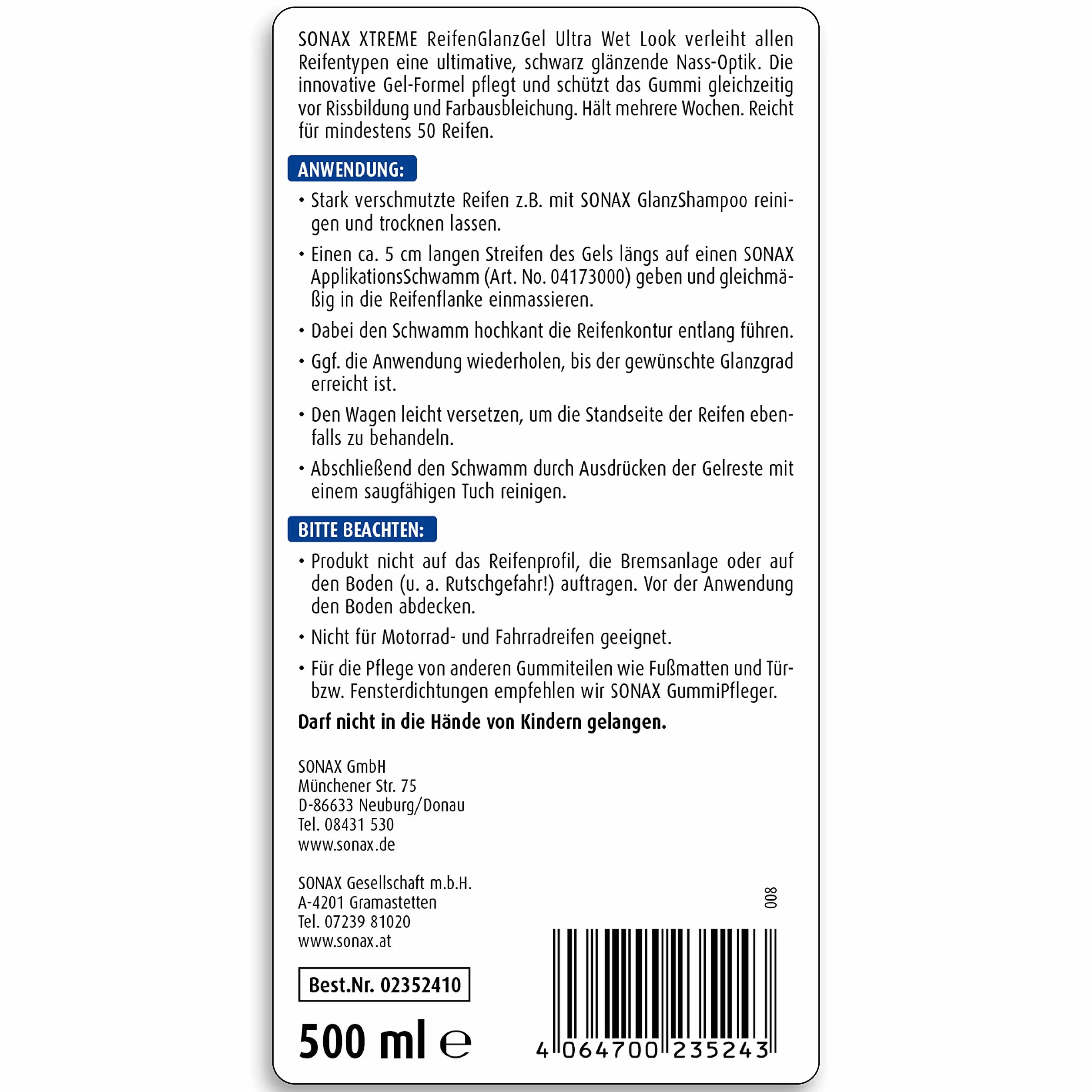 SONAX XTREME żel do polerowania opon (500 ml) pielęgnuje i chroni gumę i opony przed pękaniem i blaknięciem koloru, długotrwały połysk opon | nr art. 02352410