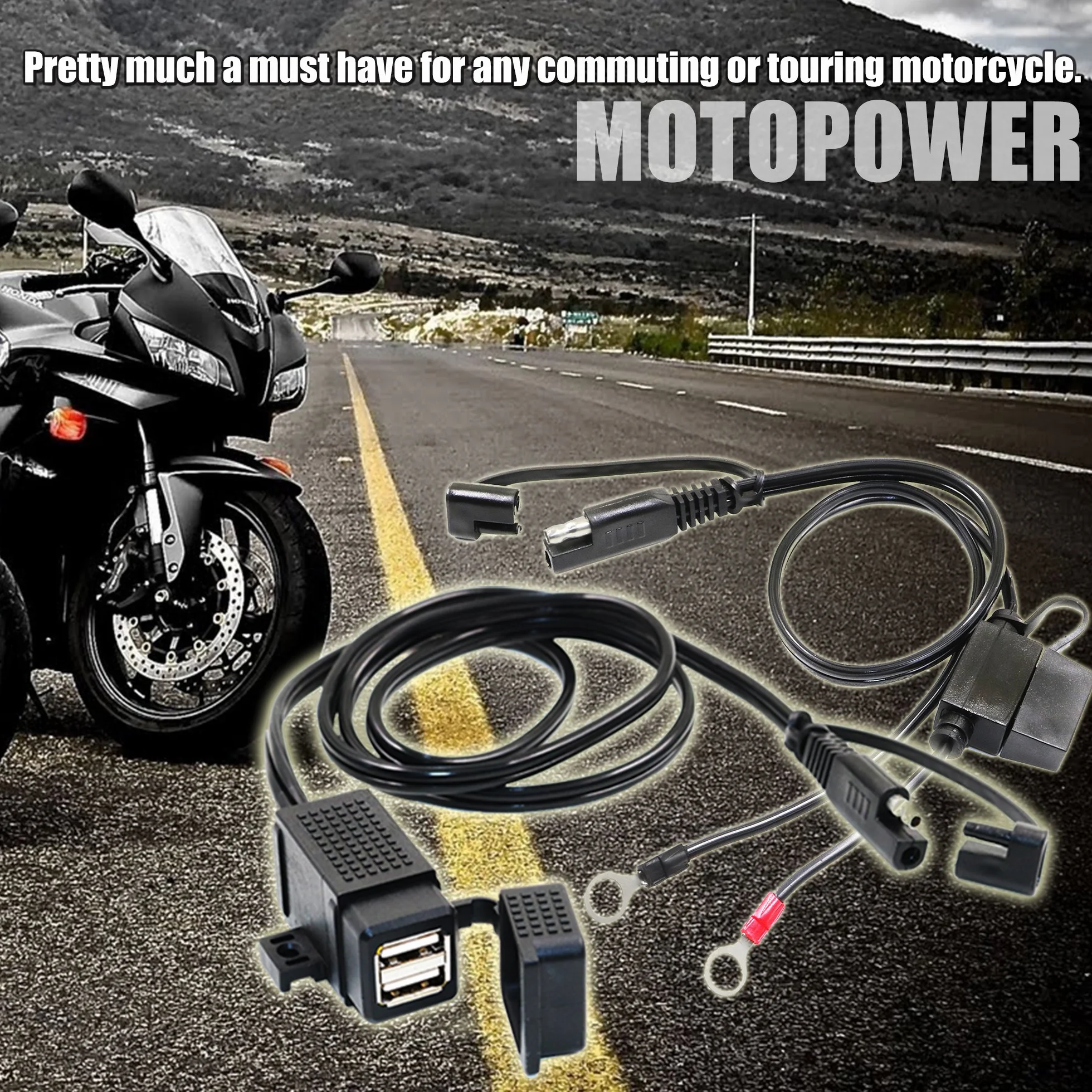 MOTOPOWER MP0609EA 3,1 A wodoodporny motocykl podwójna ładowarka USB zestaw z bezpiecznikiem SAE pierścień zaciskowy wiązka przewodów