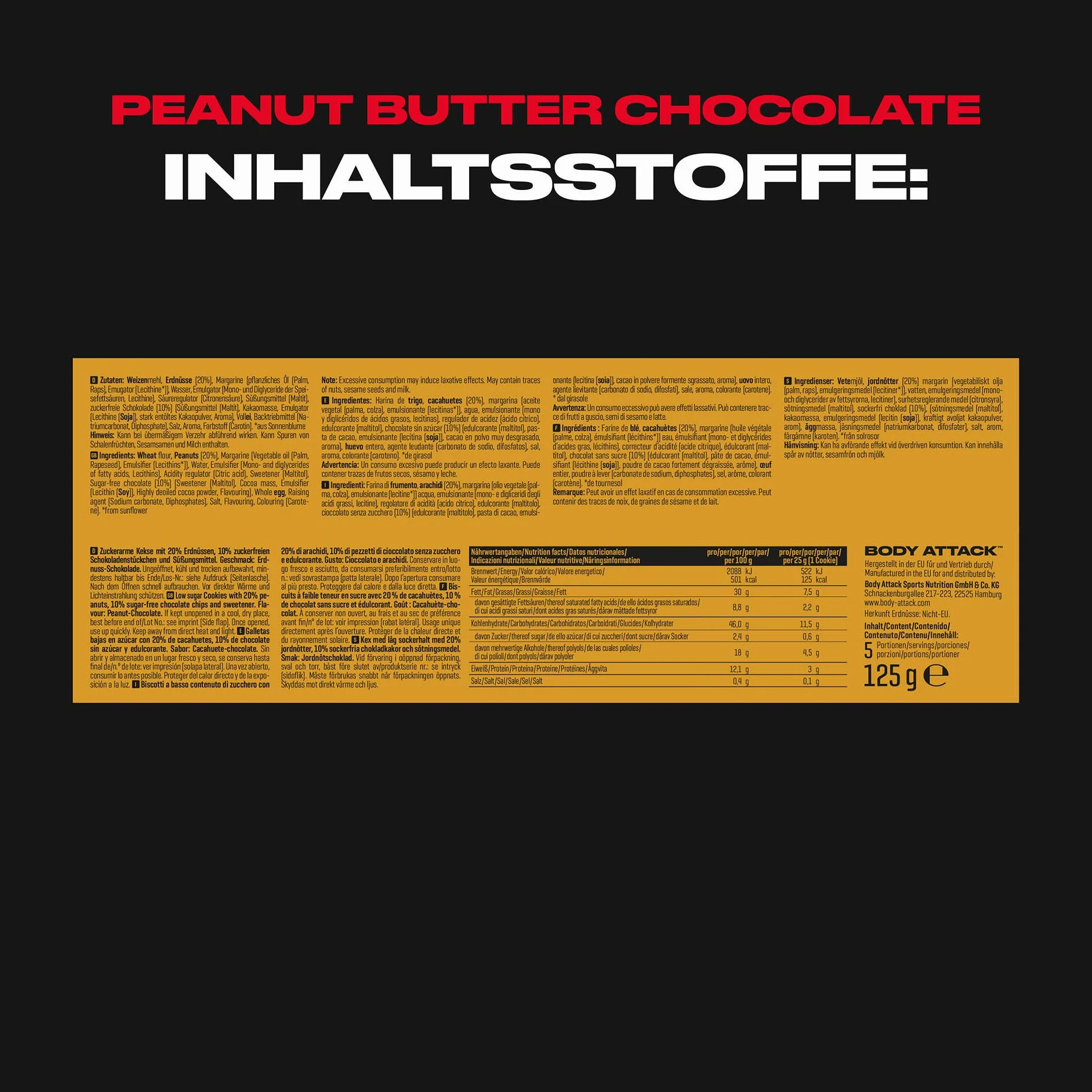 BODY ATTACK LOW SUGAR COOKIES - Peanut Choc – 125 g – pyszne odmiany z niewielką ilością cukru lub bez cukru – ciasteczka z białkiem – bogata w białko przekąska o niskiej zawartości cukru – bez