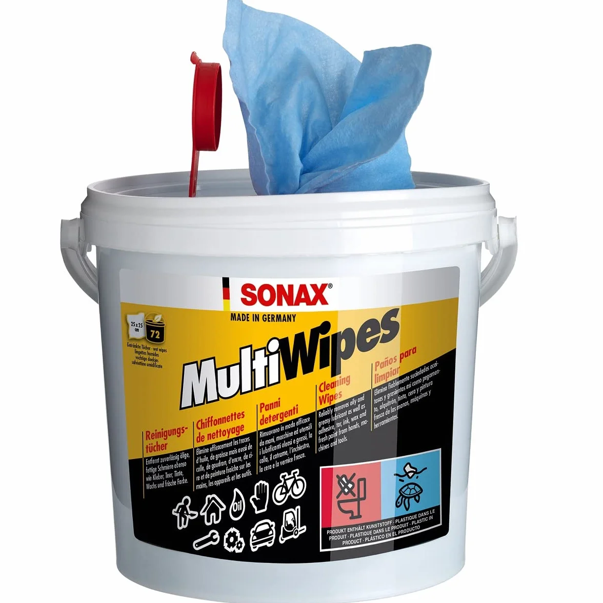 SONAX MultiWipes (72 sztuki) odporne na rozdarcie i wytrzymałe ściereczki z włókniny wiskozowej, usuwa olej, tłuszcz, klej, smołę, tusz, wosk i farbę, nadaje się również do rąk/nr art. 04680000
