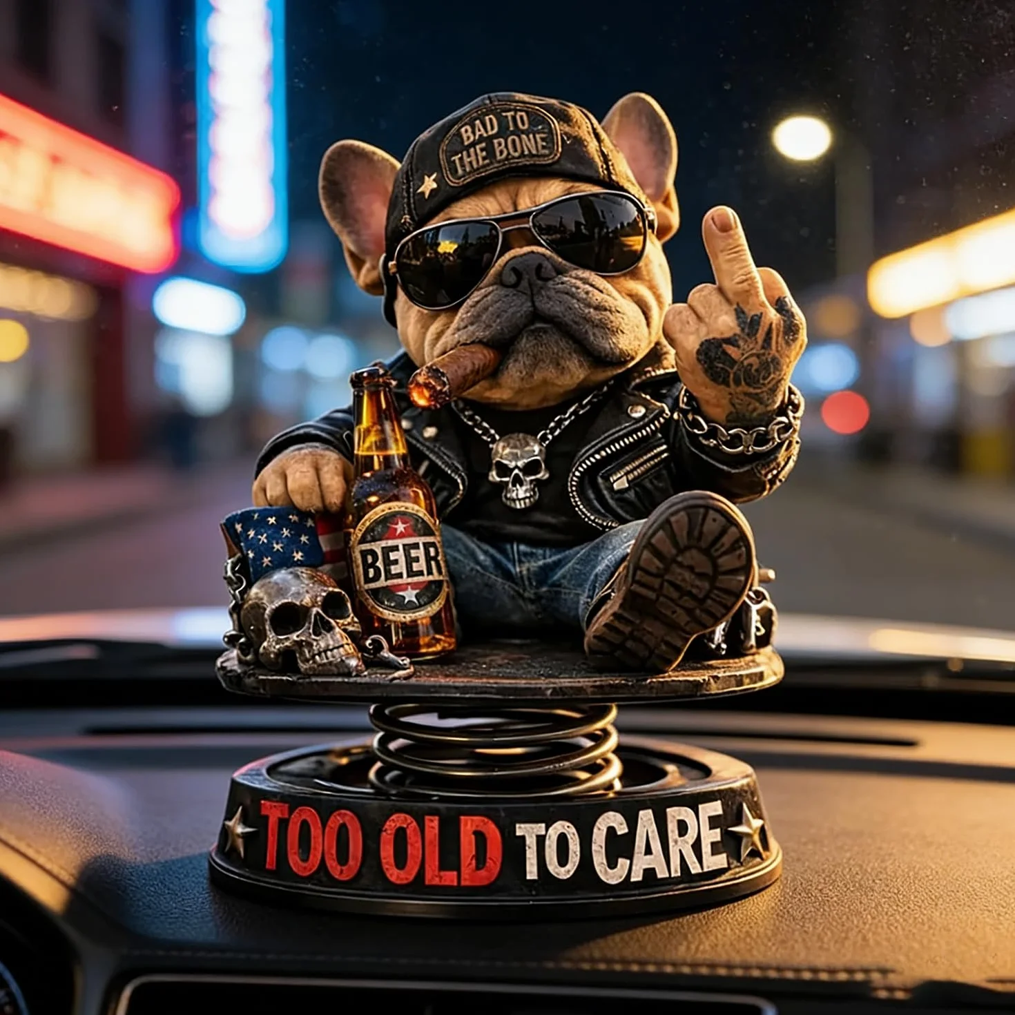 Too Old to Care Dashboard Bobblehead, dekoracja deski rozdzielczej buldog środkowy palec