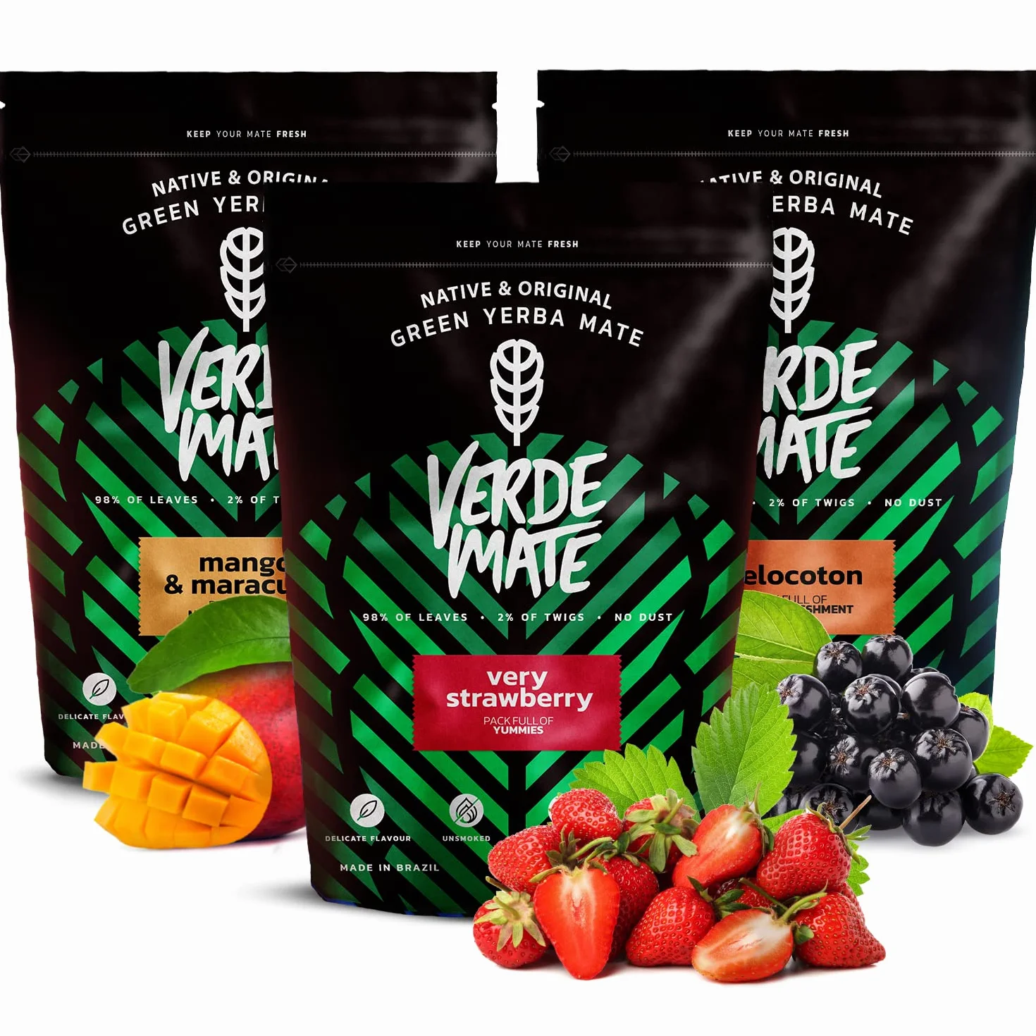 Verde Mate Green Owocowy zestaw Yerba Mate | Mango i Maracuya, Melocoton, Very Strawberry | Brazylijska zieleń Yerba z owocami | Łagodny smak | 3 x 500 g