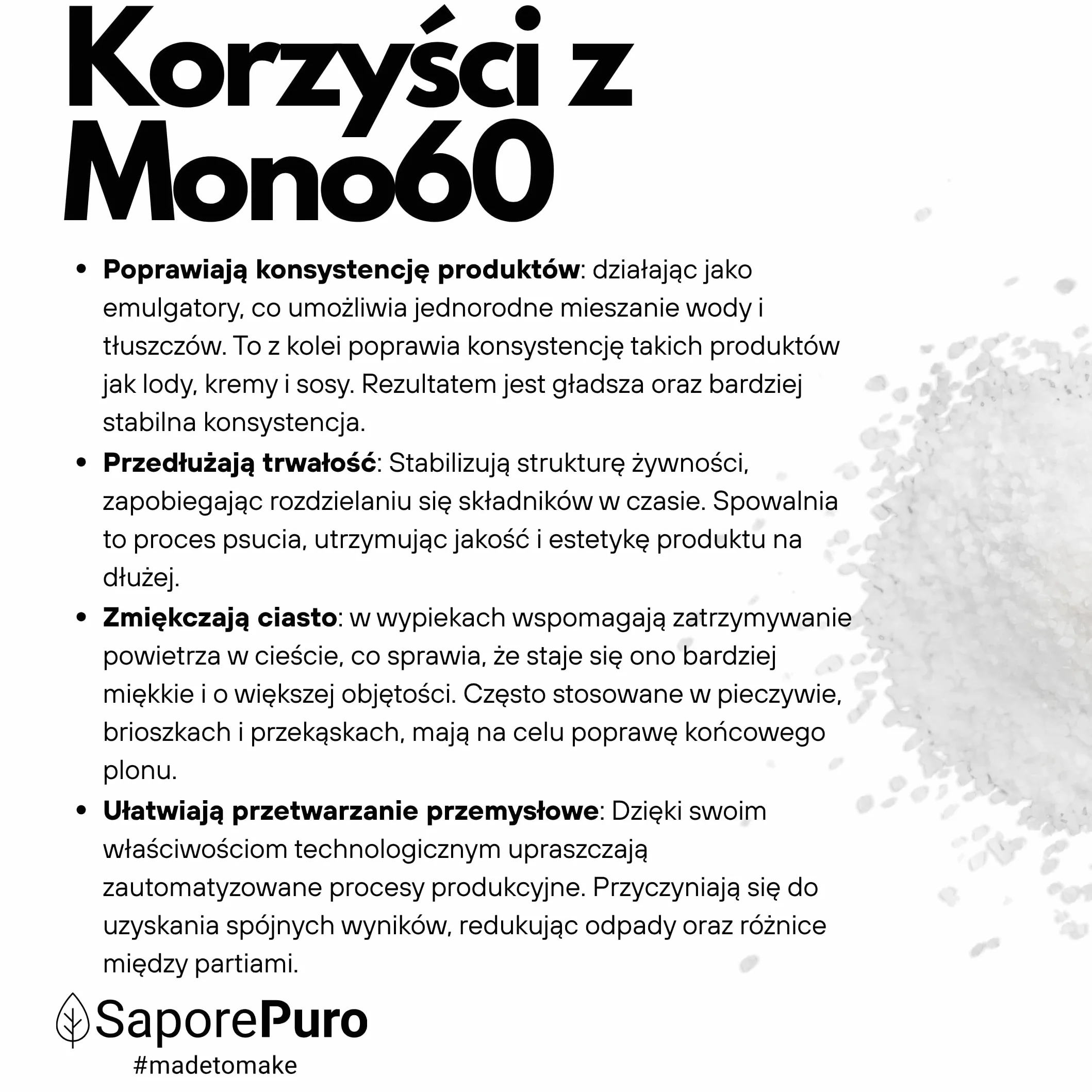 SaporePuro Mono60 – Mono- i Diglicerydy Kwasów Tłuszczowych 50 g – Roślinny, Bezglutenowy Emulgator Spożywczy do Lodów, Sorbetów, Margaryn, Kremów i Wyrobów Cukierniczych